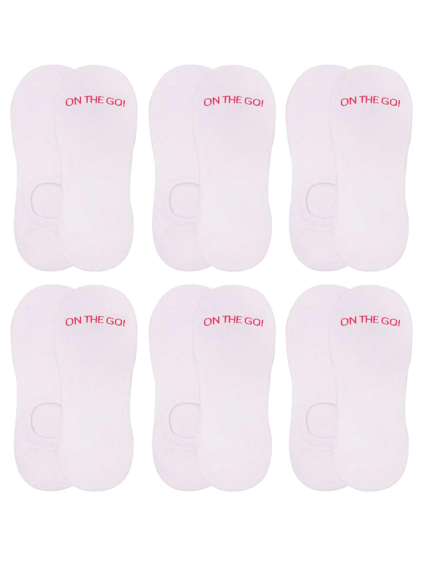 6-pack of white no-show liner socks with arch design and 'ON THE GO!' branding — ultra-low cut women's socks made with breathable cotton blend for all-day comfort, perfect for athletic shoes and casual wear, featuring a non-slip heel grip for invisible support