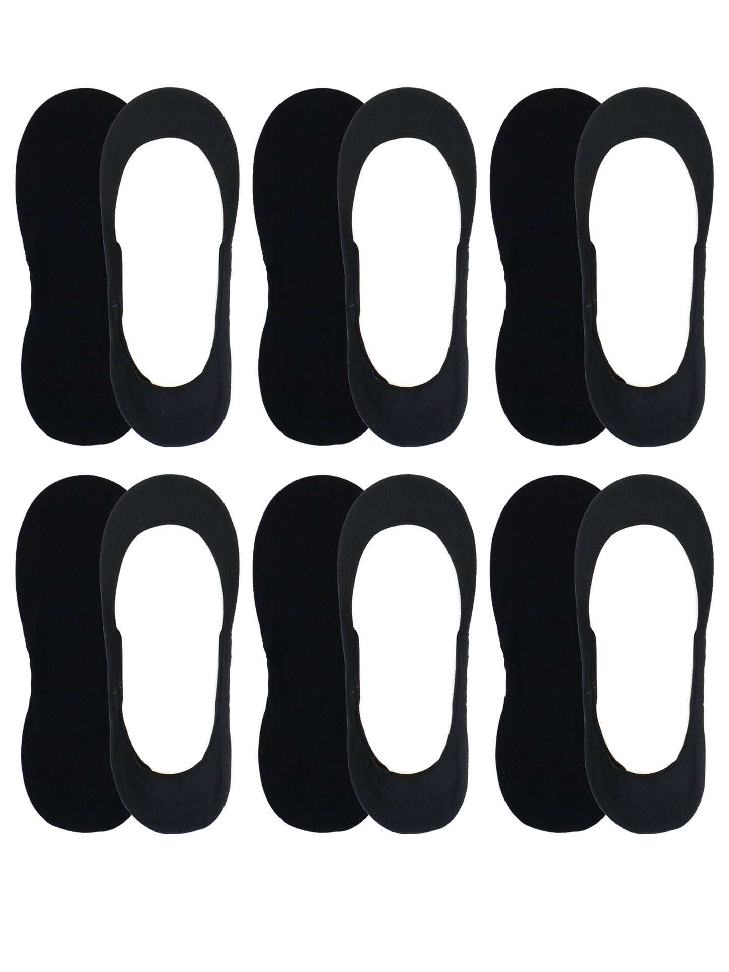 six Pair of black low cut liner socks displayed flat, designed for invisible wear with flats or low-cut shoes