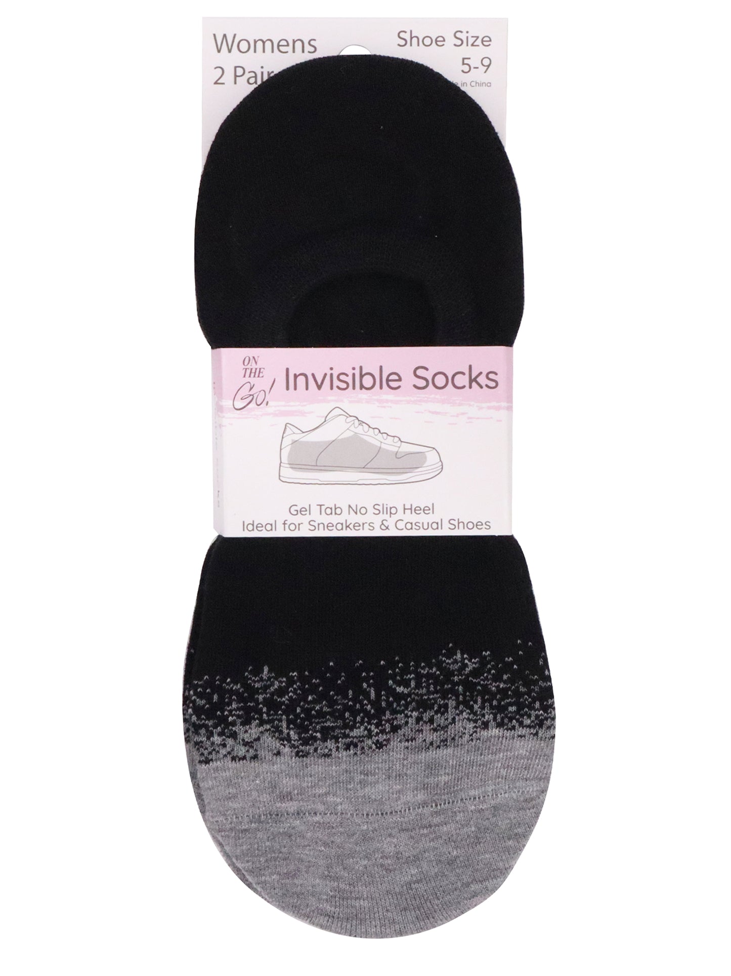 Women's black invisible no-show liner socks with grey speckled toe designs — 2-pair cotton blend low-cut socks ideal for sneakers and casual shoes, anti-slip design for secure fit and all-day comfort