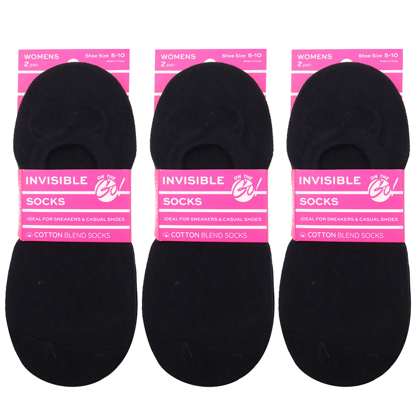 Pack of 3 pairs of black no-show liner socks with 'ON THE GO!' logo — breathable, cotton-blend, low-cut socks designed for women, ideal for sneakers and casual shoes, with non-slip heel grip for secure, invisible wear.