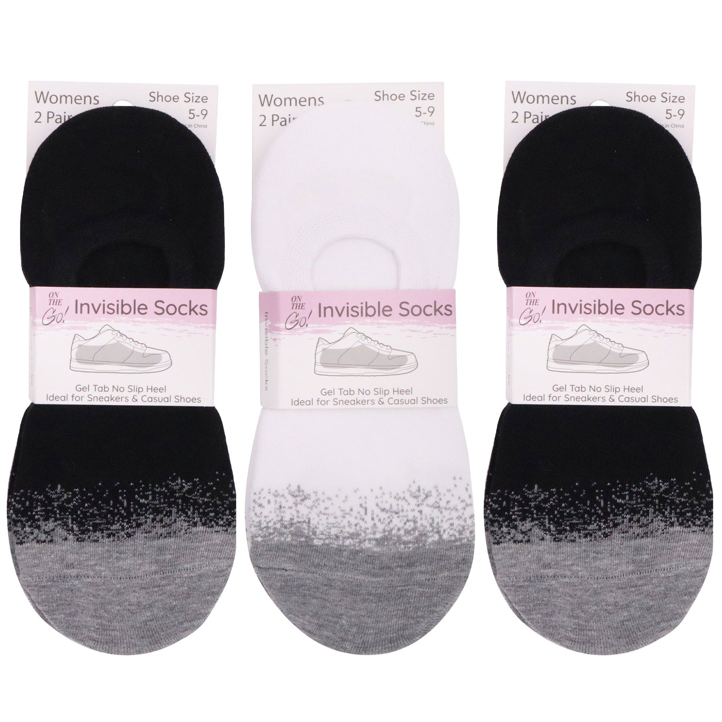 Women's invisible liner socks combo pack with black, white, and grey speckled toe designs — low-cut no-show socks with gel tab heel grip for sneakers, loafers, and casual shoes, featuring soft cotton blend and secure fit.