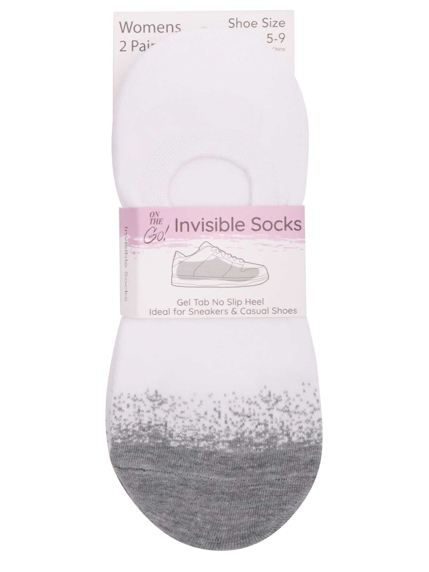 Women's white invisible no-show liner socks with grey speckled toe designs — 2-pair cotton blend low-cut socks ideal for sneakers and casual shoes, anti-slip design for secure fit and all-day comfort