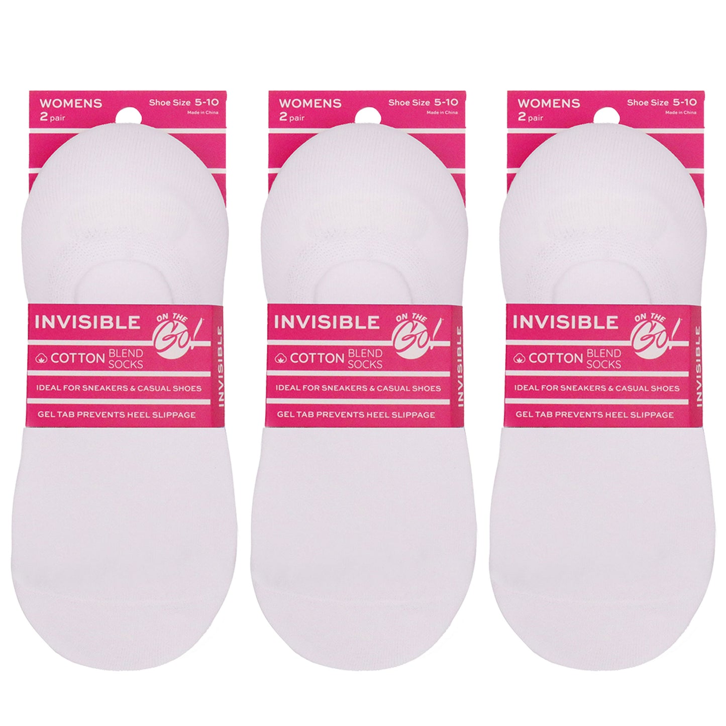Women's white invisible no-show liner socks with gel heel grip — 3 pack 2-pair cotton blend low-cut socks ideal for sneakers and casual shoes, anti-slip design for secure fit and all-day comfort.
