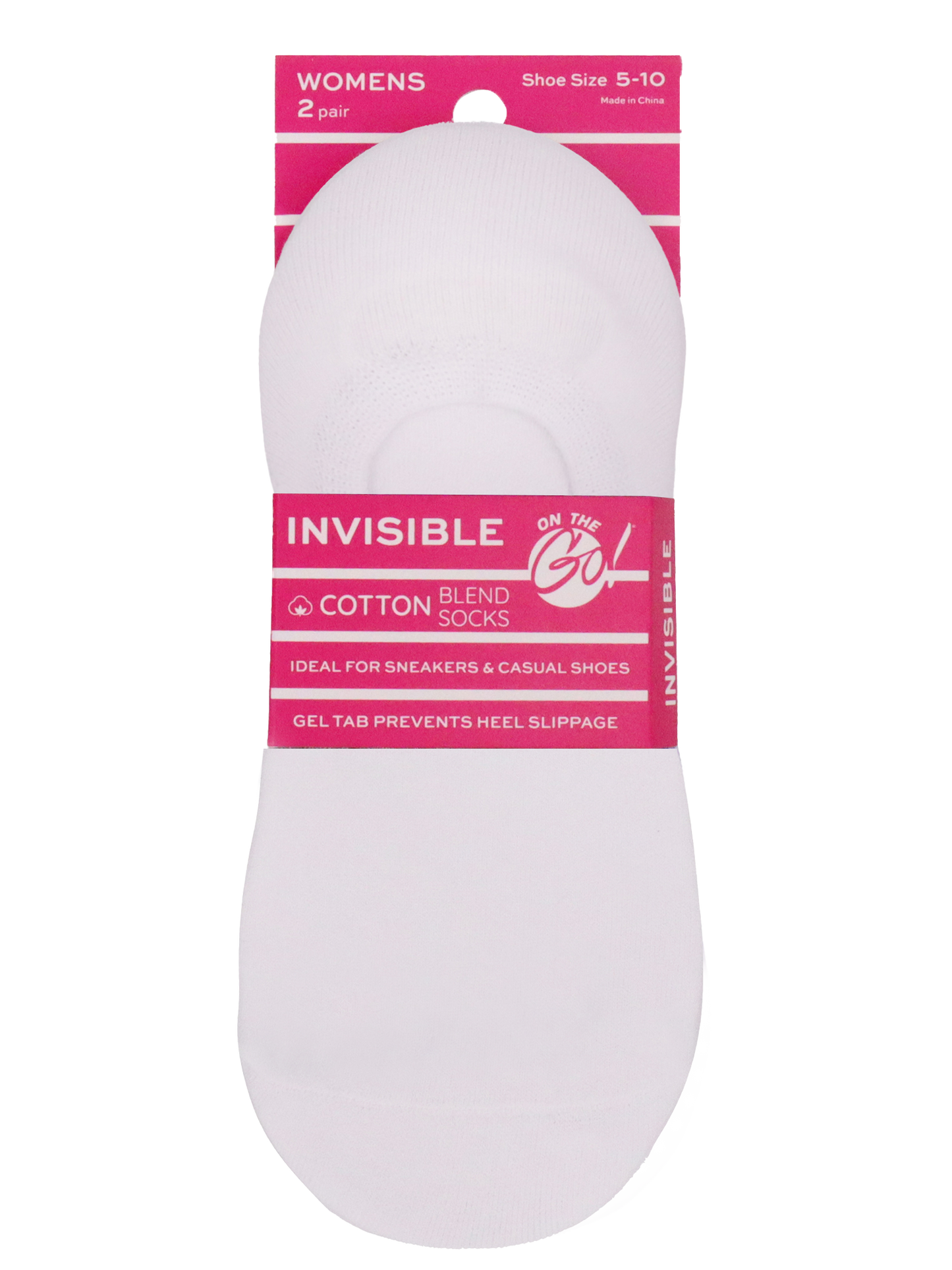 Women's white invisible no-show liner socks with gel heel grip — 2-pair cotton blend low-cut socks ideal for sneakers and casual shoes, anti-slip design for secure fit and all-day comfort.