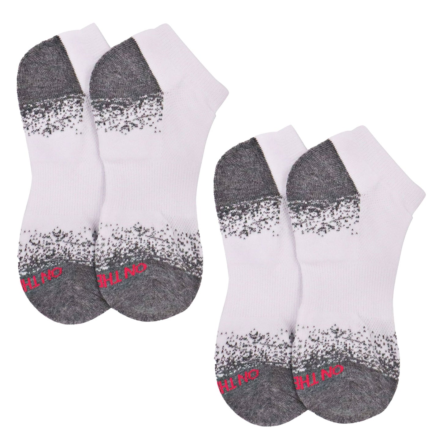 Women’s low-cut white athletic socks with grey cushioned toe and heel, 2-pair pack made from soft cotton blend for comfort during running, training, or everyday wear