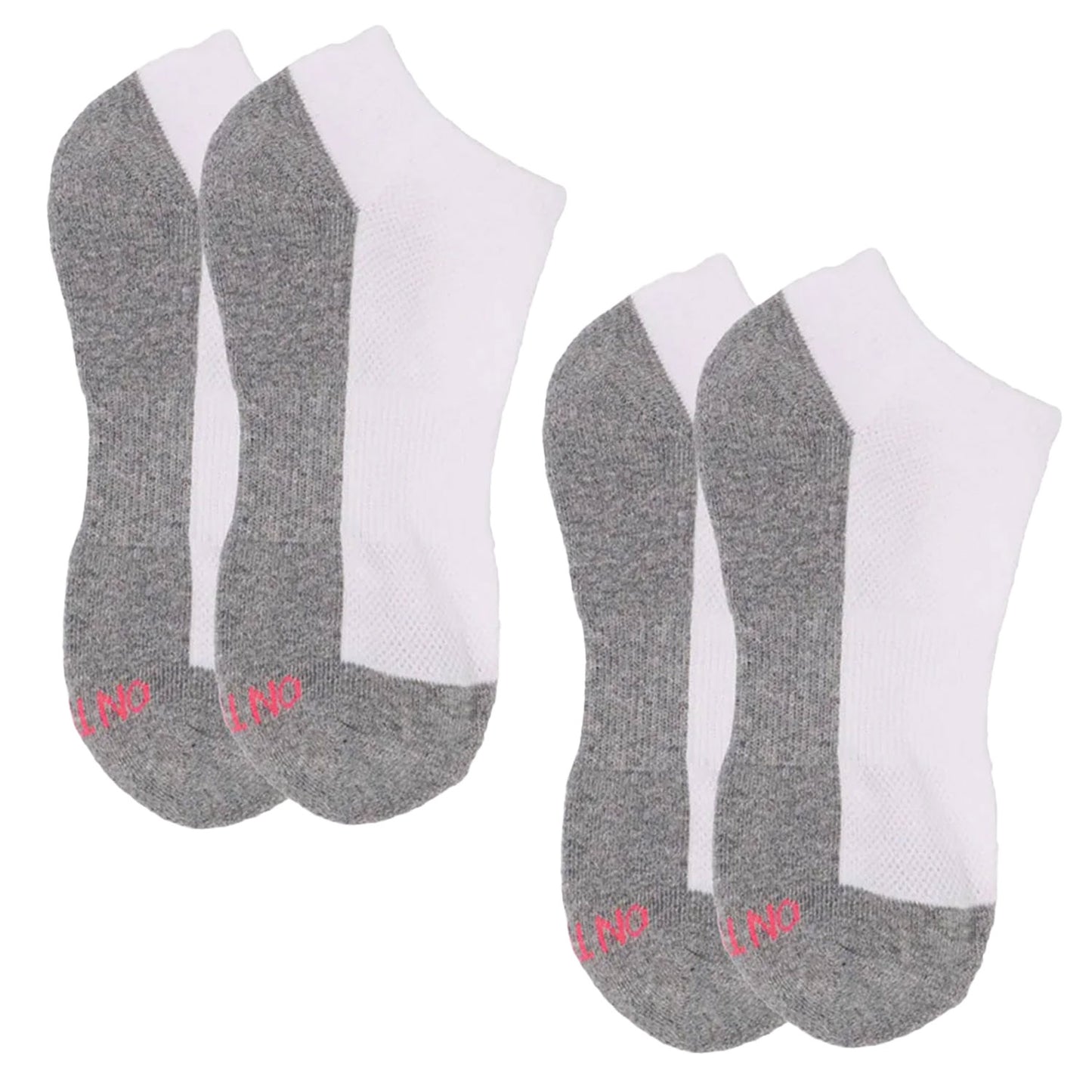 Women’s low-cut athletic socks 2-pair pack in white with grey cushioned soles and pink branding, breathable cotton blend for walking, workouts, or casual everyday wear