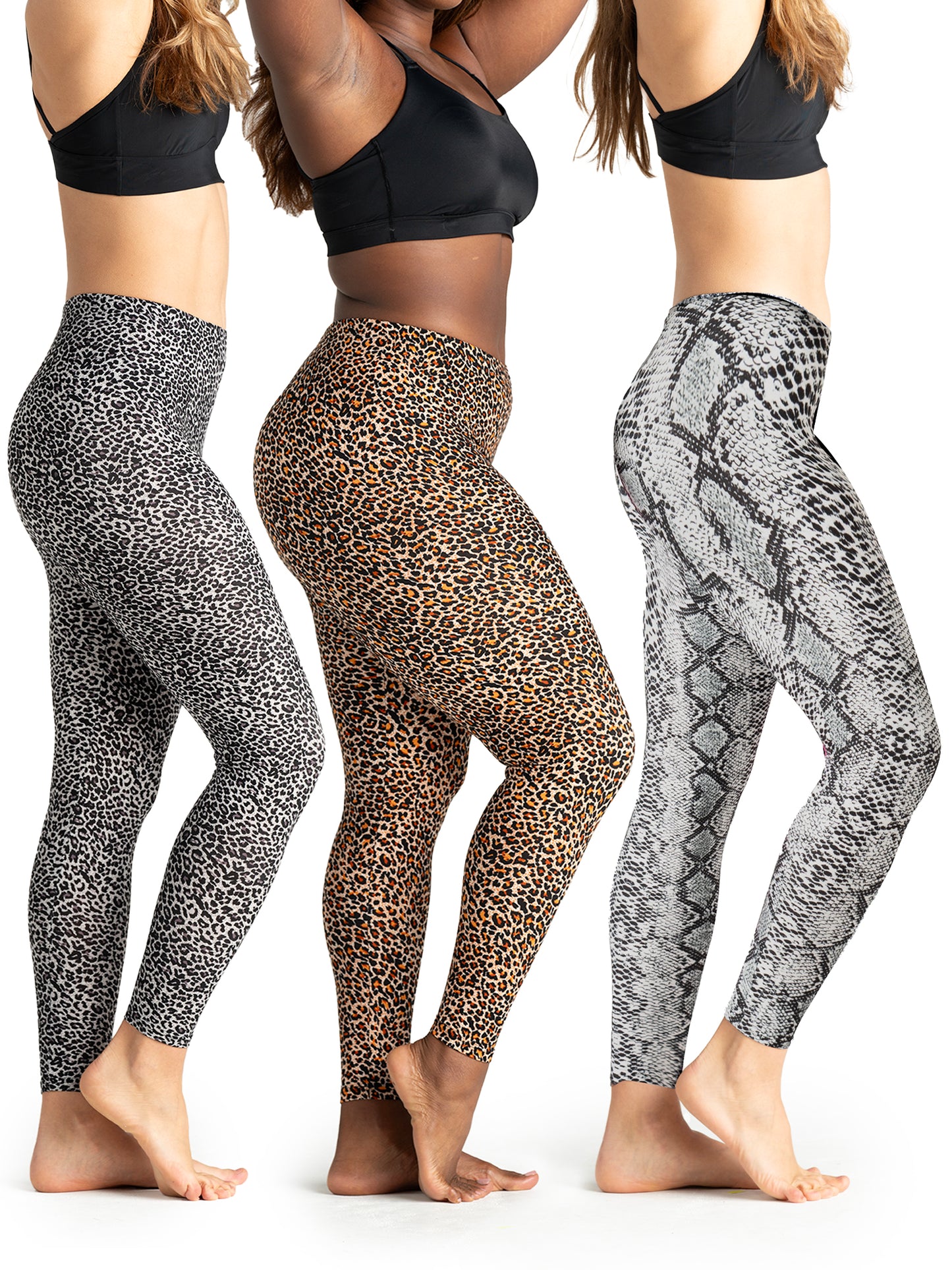 Women modeling high-waisted animal print leggings in leopard, cheetah, and snakeskin patterns, styled with black sports bras and barefoot stance, showcasing body-hugging activewear ideal for yoga, workouts, or casual athleisure fashion