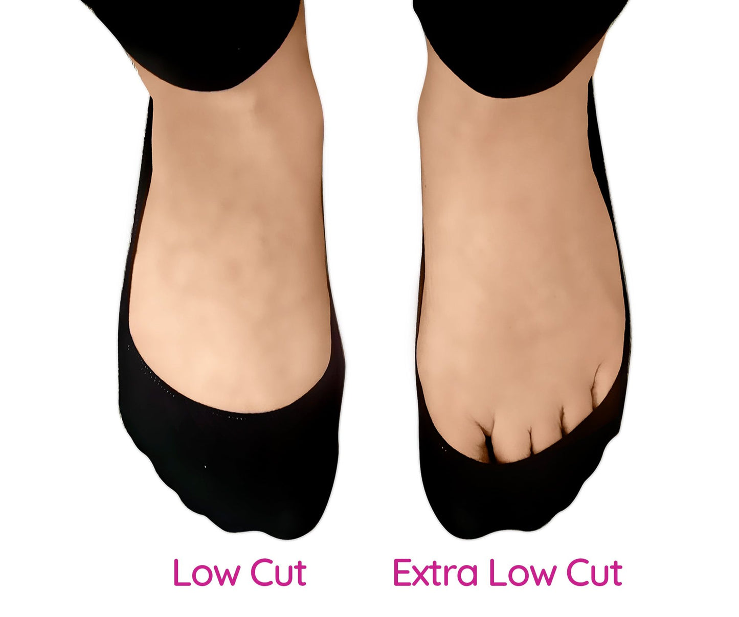 Side-by-side comparison of low cut liner sock and extra low cut liner sock on feet, showing the difference in coverage for no-show footwear styles.