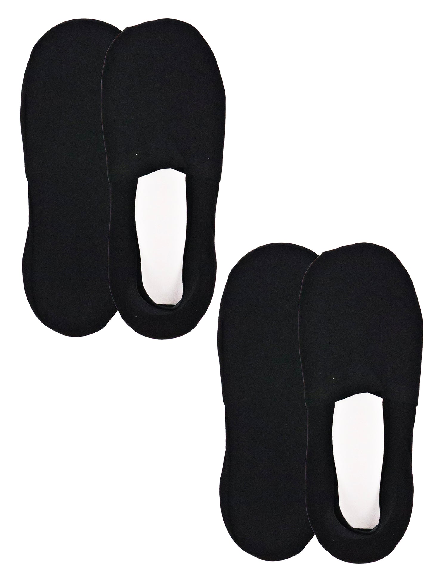 Two pairs of men's low-cut no-show liner socks in black and white, soft cotton blend with heel grip for invisible wear under flats or loafers