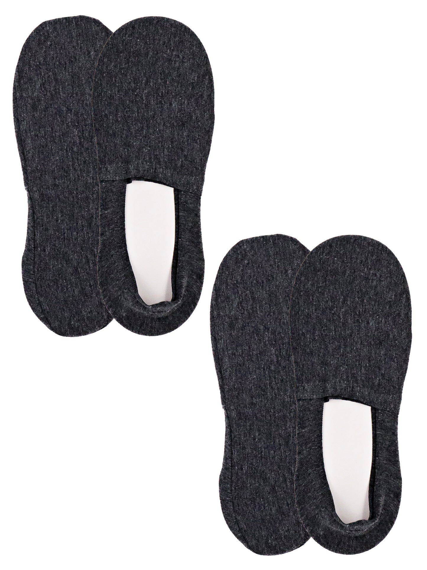 Two pairs of men's low-cut no-show liner socks in Heather grey, soft cotton blend with heel grip for invisible wear under flats or loafers