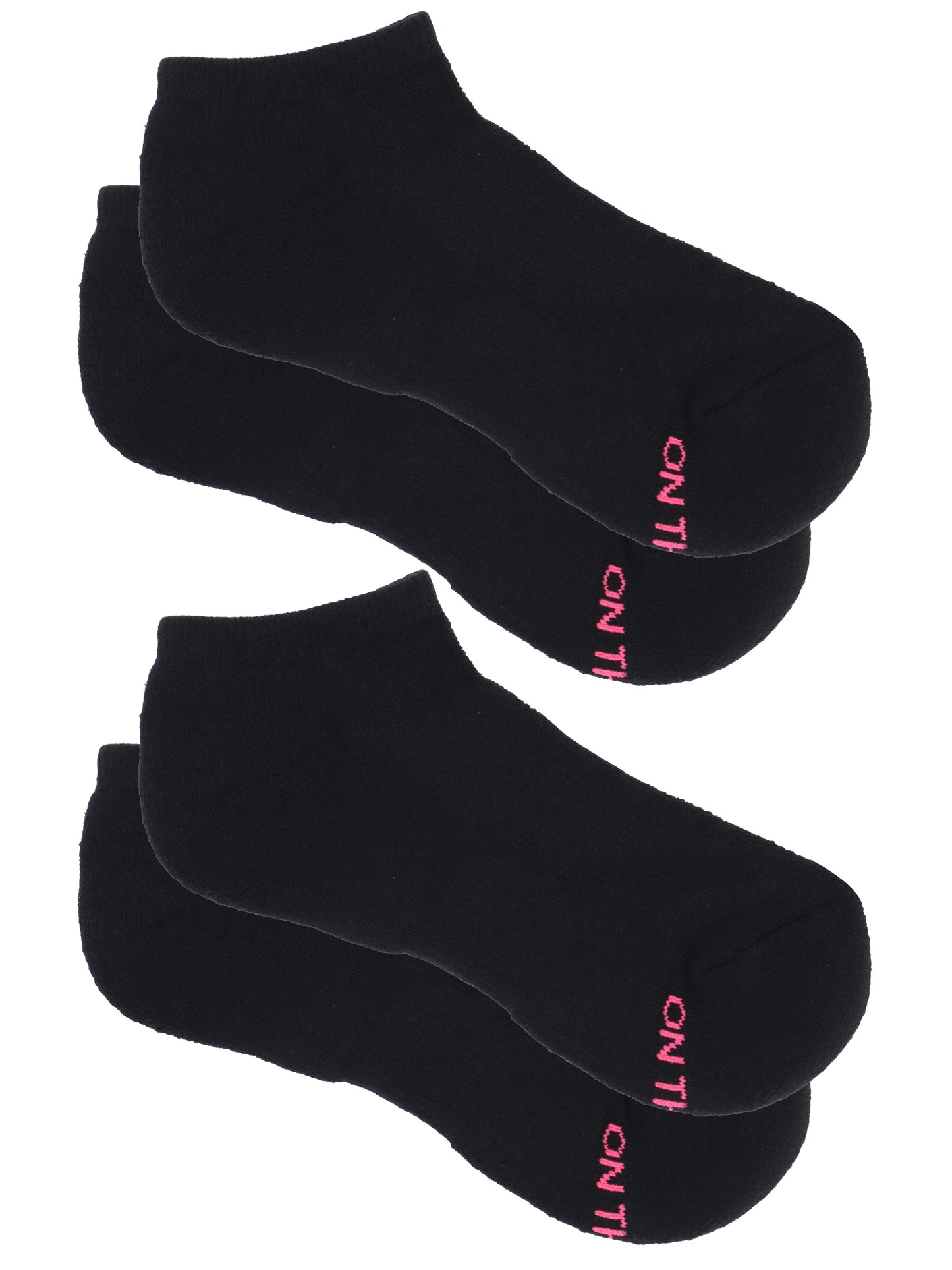 2-pair pack of women’s and Men's black low-cut athletic socks with cushioned sole, featuring dark pink arch support, heel tabs, and toe reinforcements—ideal for running, walking, or gym workouts with breathable cotton blend for comfort and durability.
