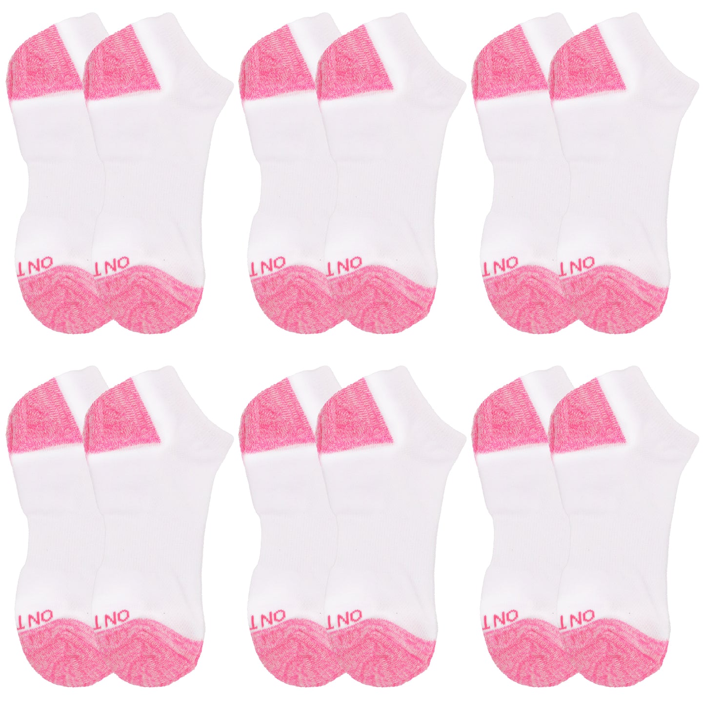 Women's white low-cut athletic socks with pink cushioned heel and toe, 6-pair value pack made from breathable cotton blend for sports, training, or everyday wear