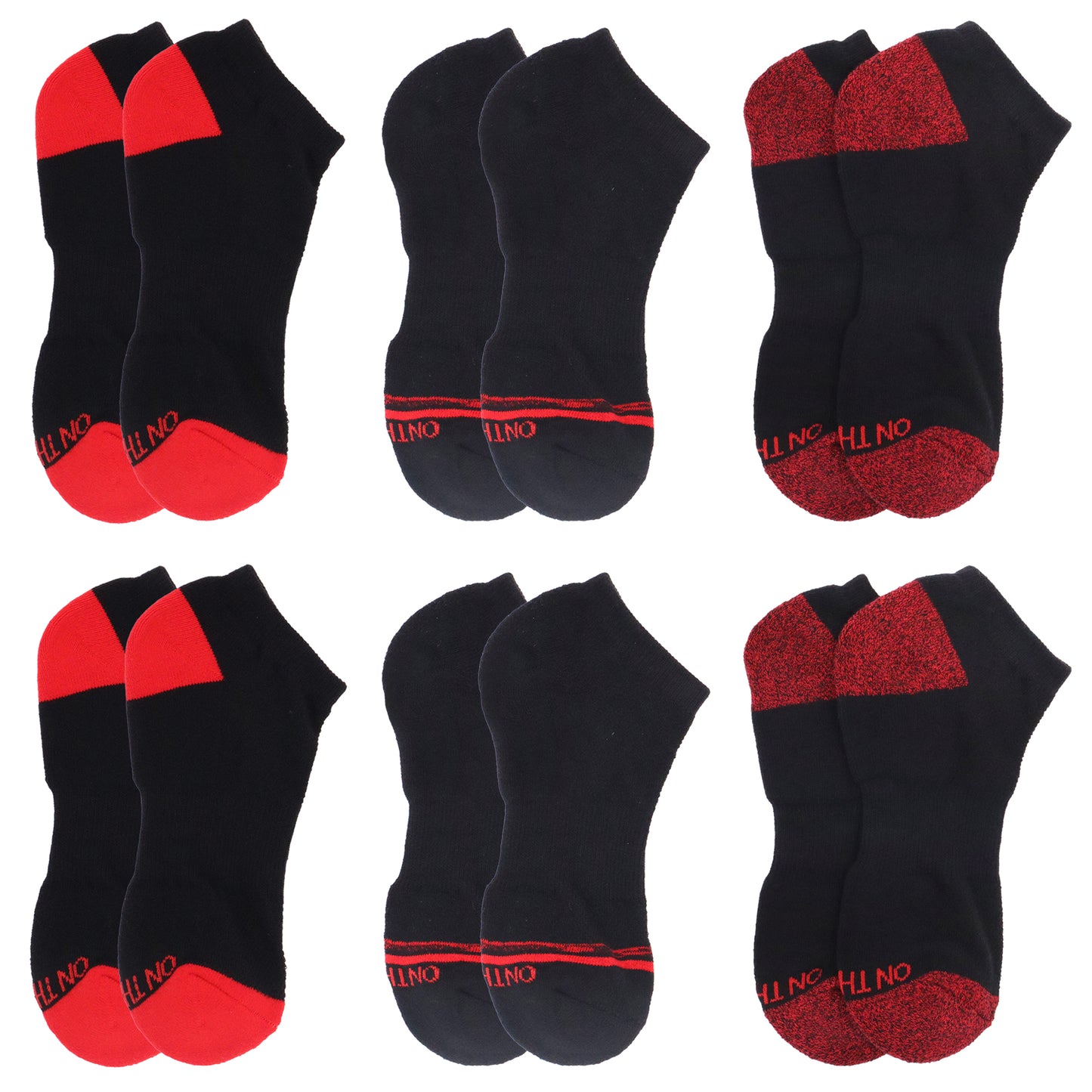 Men’s black low-cut athletic socks with red cushioned heel and toe, 6-pair value pack made from breathable cotton blend for sports, training, or everyday wear