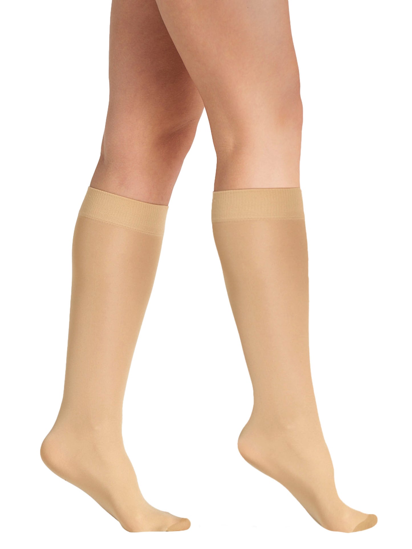 Women's sheer nude knee-high stockings with reinforced toe and wide comfort band, ideal for office or formal wear on a white background