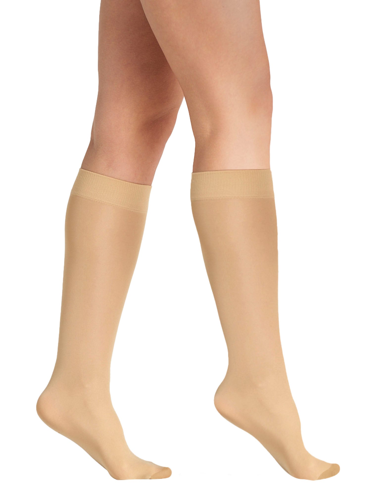 Women's sheer nude knee-high stockings with reinforced toe and wide comfort band, ideal for office or formal wear on a white background