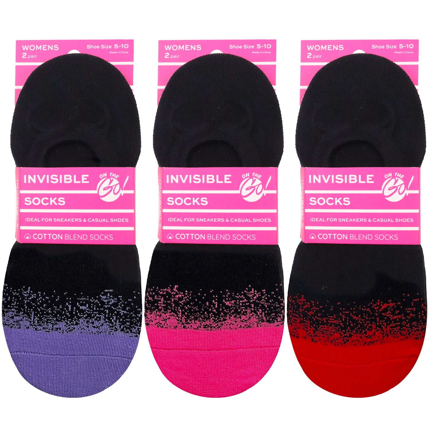 Women's black invisible socks with vibrant speckled toe designs in purple, pink, and red — 2-pair cotton blend low-cut liner socks with gel heel grip, ideal for sneakers and casual shoes, no-show and non-slip fit for all-day comfort.