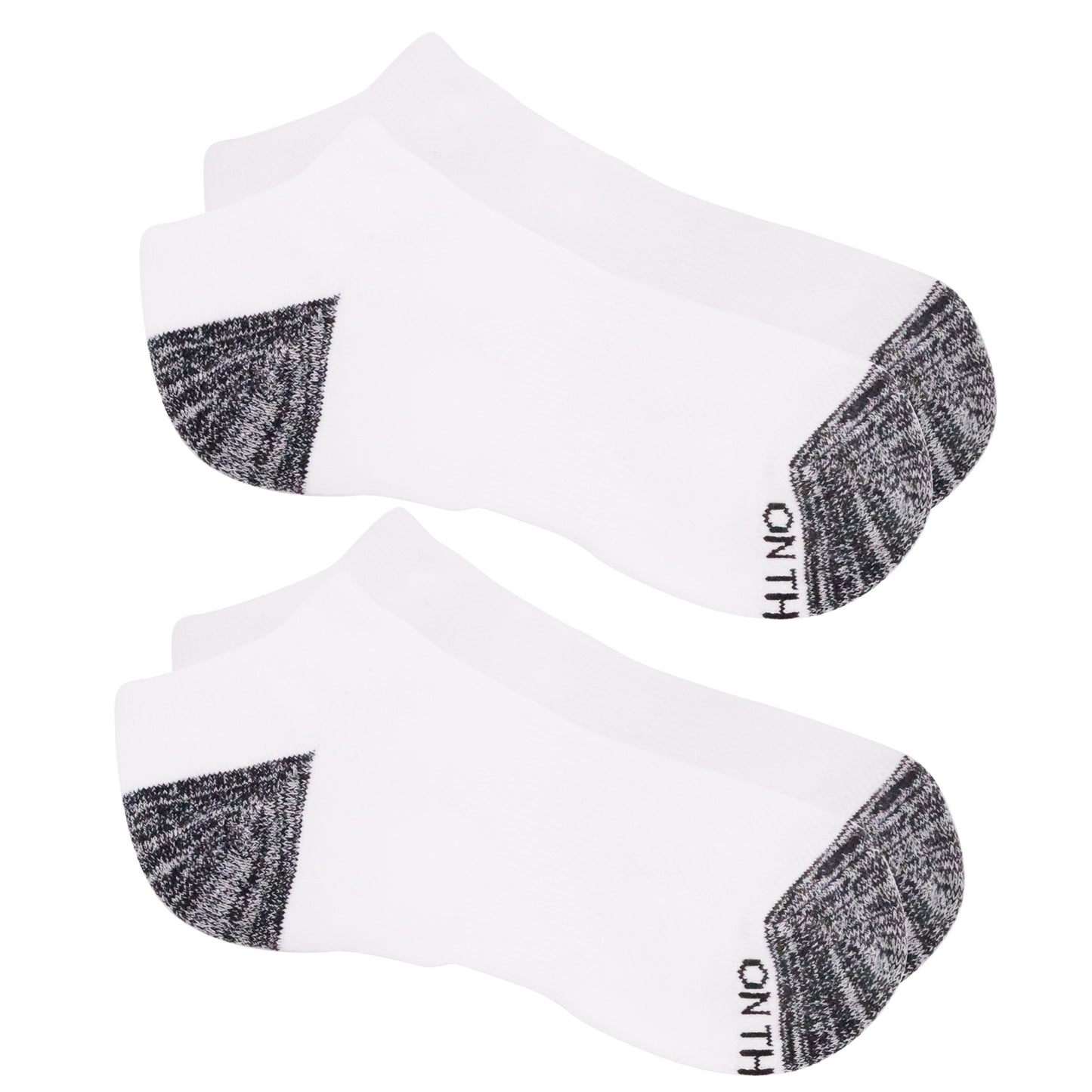 Women’s low-cut white athletic socks with grey cushioned toe and heel, 2-pair pack made from soft cotton blend for comfort during running, training, or everyday wear