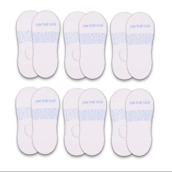 6-pack of white no-show liner socks with blue speckled arch design and 'ON THE GO!' branding — ultra-low cut women's socks made with breathable cotton blend for all-day comfort, perfect for athletic shoes and casual wear, featuring a non-slip heel grip for invisible support