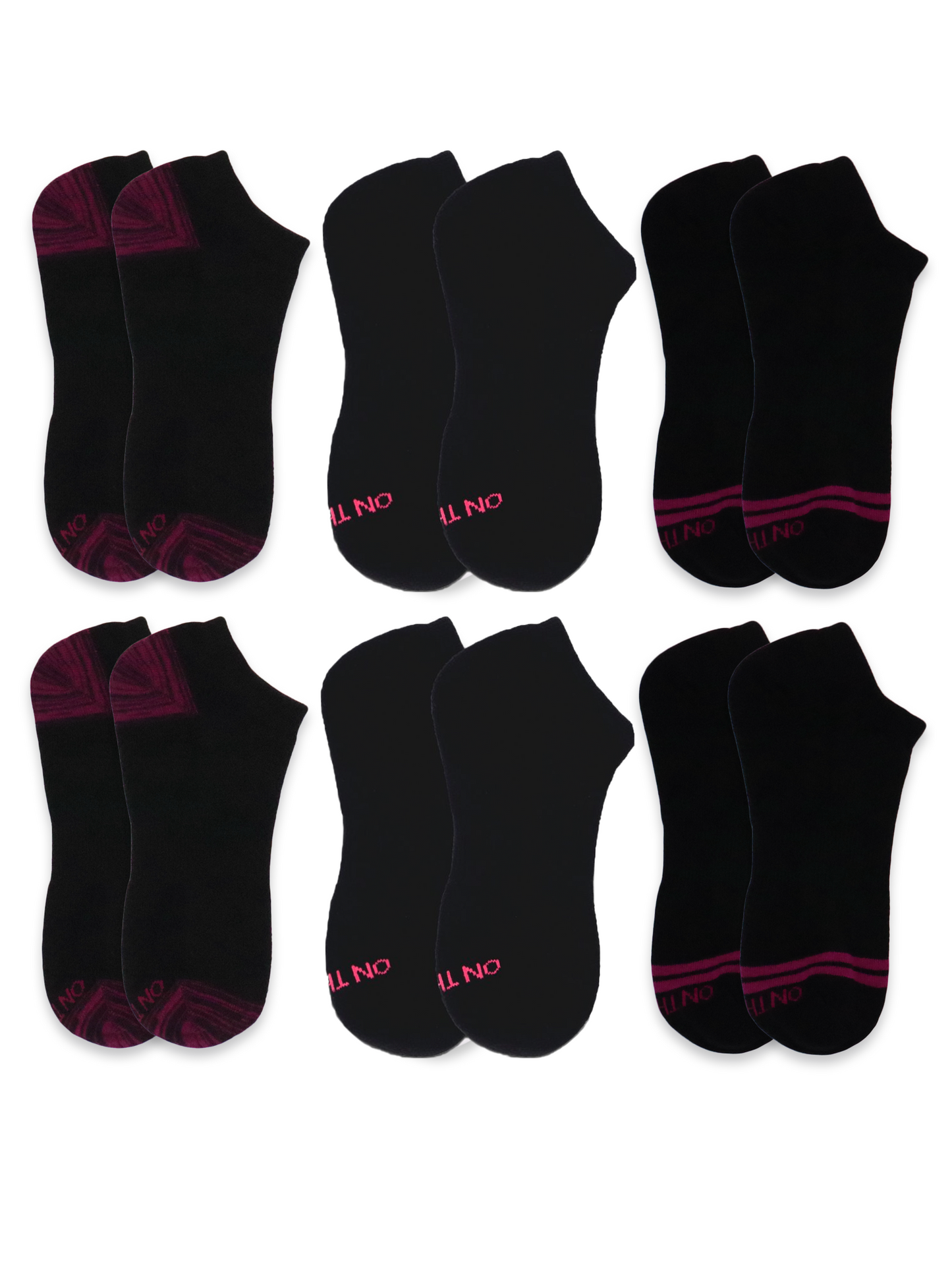 6-pair pack of women’s and Men's black low-cut athletic socks with cushioned sole, featuring dark pink arch support, heel tabs, and toe reinforcements—ideal for running, walking, or gym workouts with breathable cotton blend for comfort and durability.