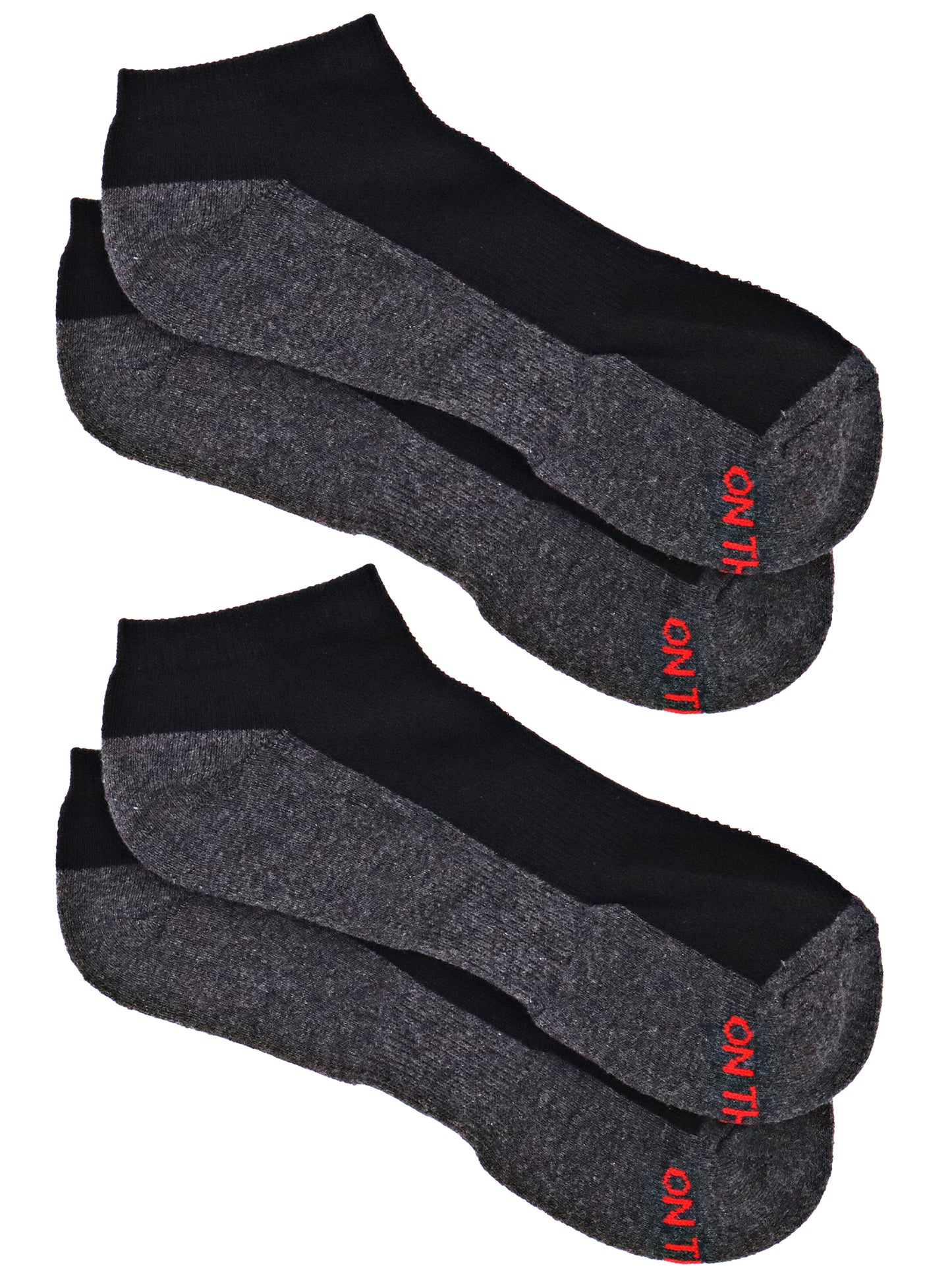 Two pairs of men's black low-cut socks with 'ON THE GO!' text in white stitched on the toe area and grey texture in the sole, shown laid flat.