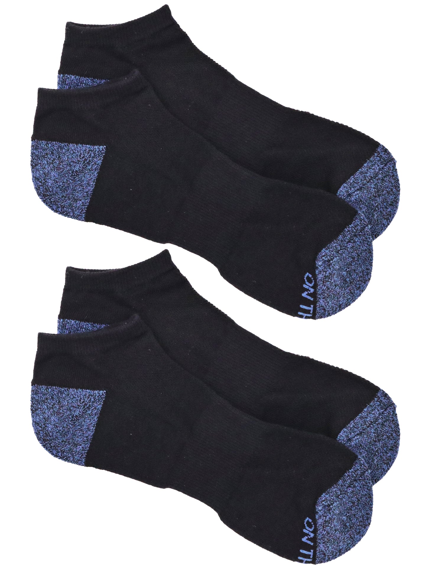 Two pairs of black low-cut socks with blue marled heel and toe, featuring 'ON THE GO!' text near the toe