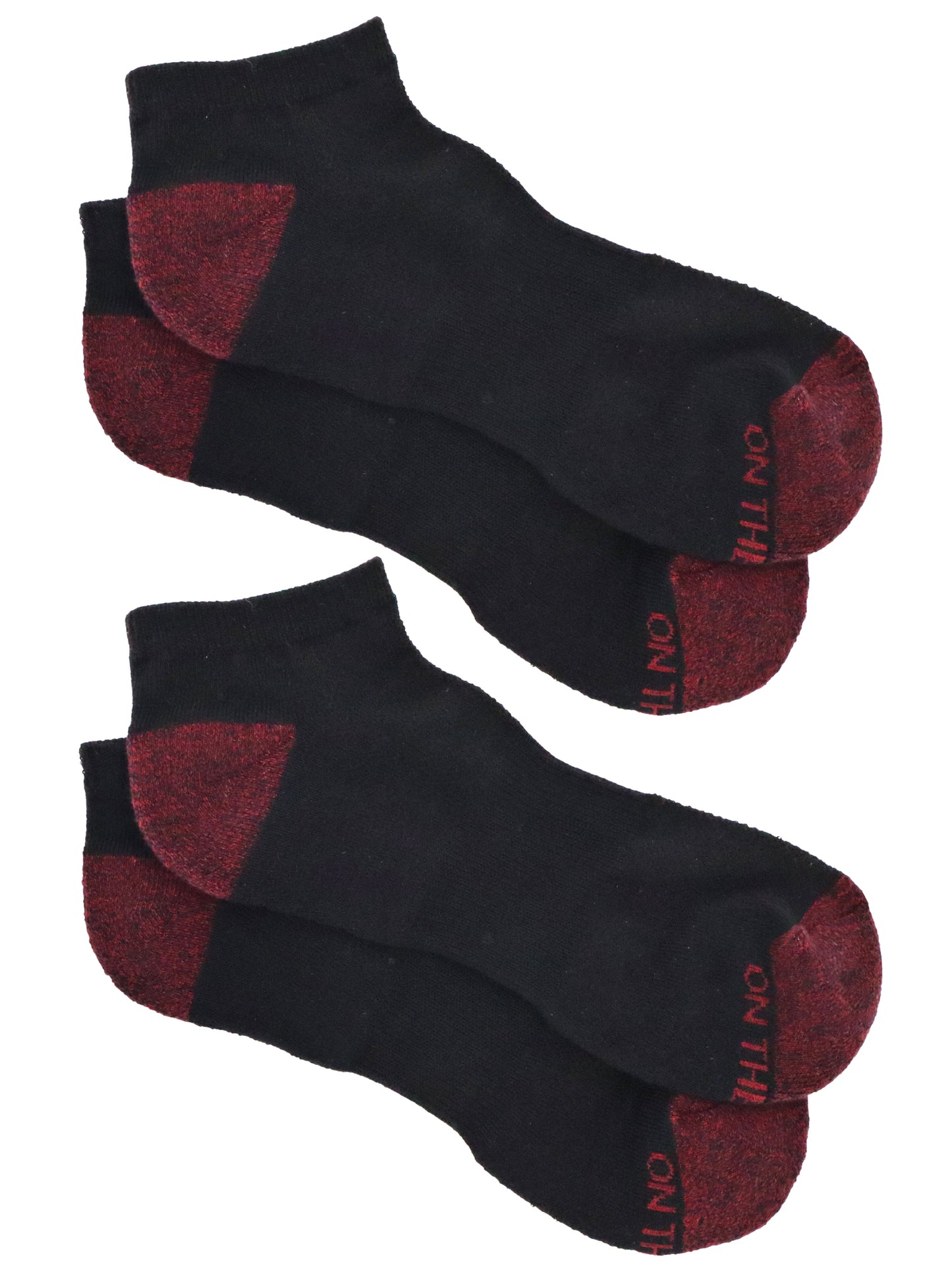 Two pairs of black low-cut socks with Red marled heel and toe, featuring 'ON THE GO!' text near the toe.