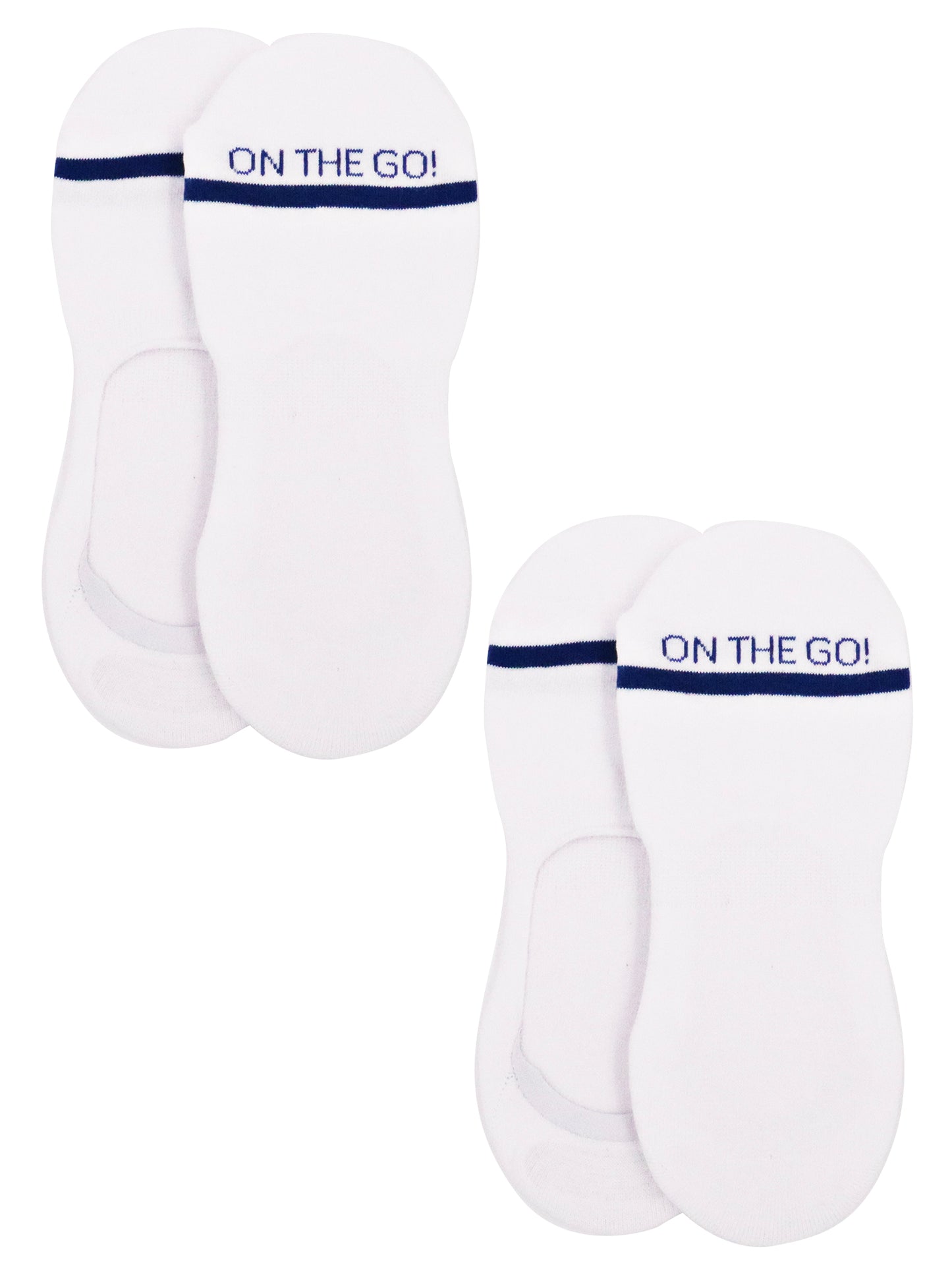 Women's white no-show athletic liner socks with 'ON THE GO!' text in blue across the toe area, shown in a 2-pack set. Designed with a low cut profile perfect for athletic shoes and sneakers. Lightweight, breathable cotton-blend fabric with a sleek invisible fit, ideal for everyday wear and workouts.