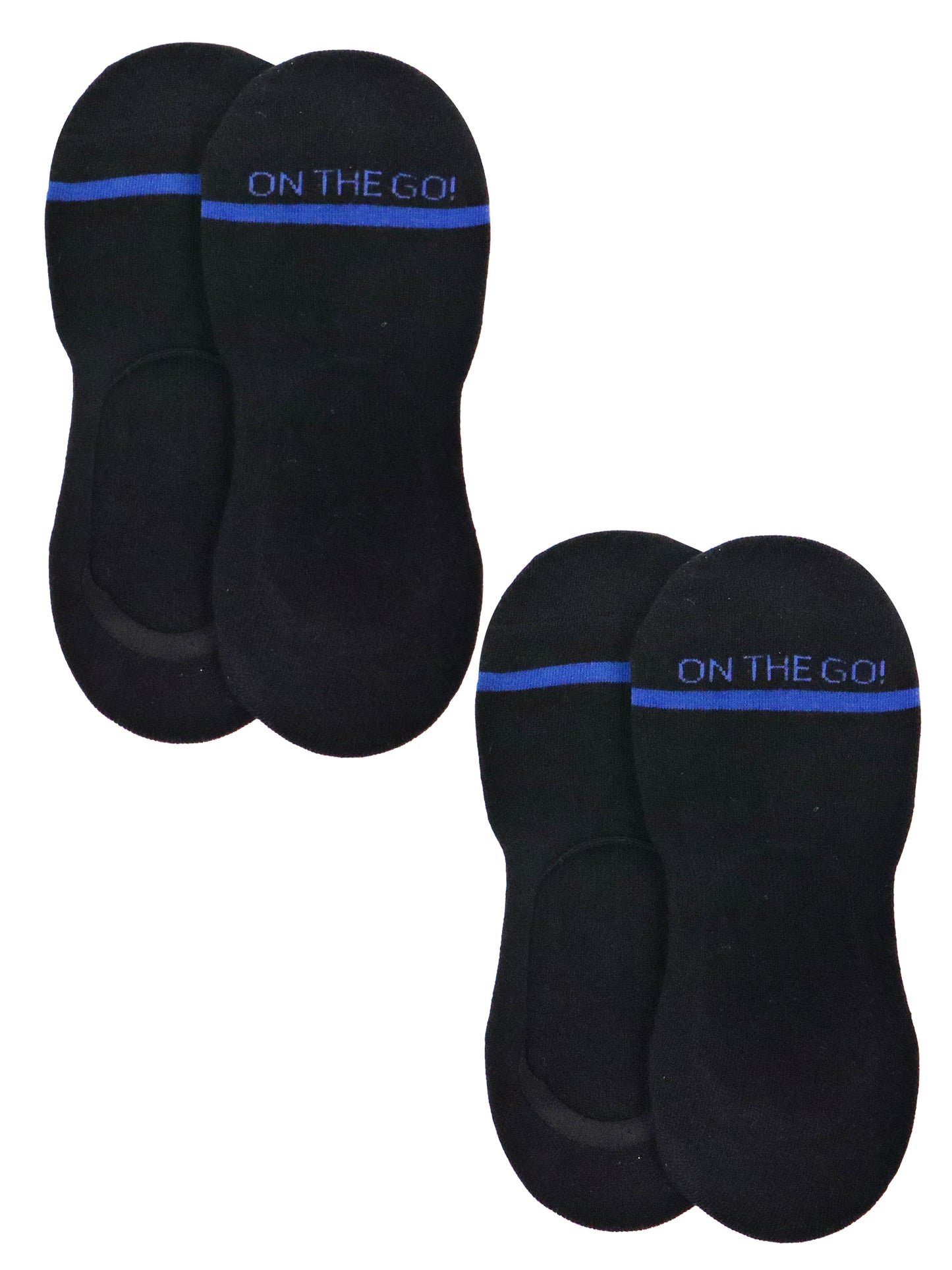 Women's black no-show athletic liner socks with 'ON THE GO!' text in blue line across the toe area, shown in a 2-pack set. Designed with a low cut profile perfect for athletic shoes and sneakers. Lightweight, breathable cotton-blend fabric with a sleek invisible fit, ideal for everyday wear and workouts.