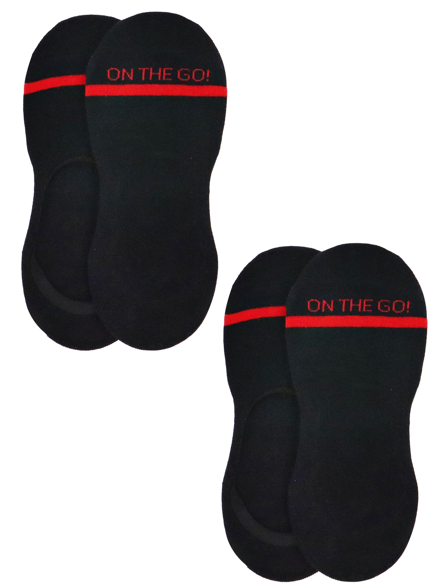 Women's black no-show athletic liner socks with 'ON THE GO!' text in red across the toe area, shown in a 2-pack set. Designed with a low cut profile perfect for athletic shoes and sneakers. Lightweight, breathable cotton-blend fabric with a sleek invisible fit, ideal for everyday wear and workouts.