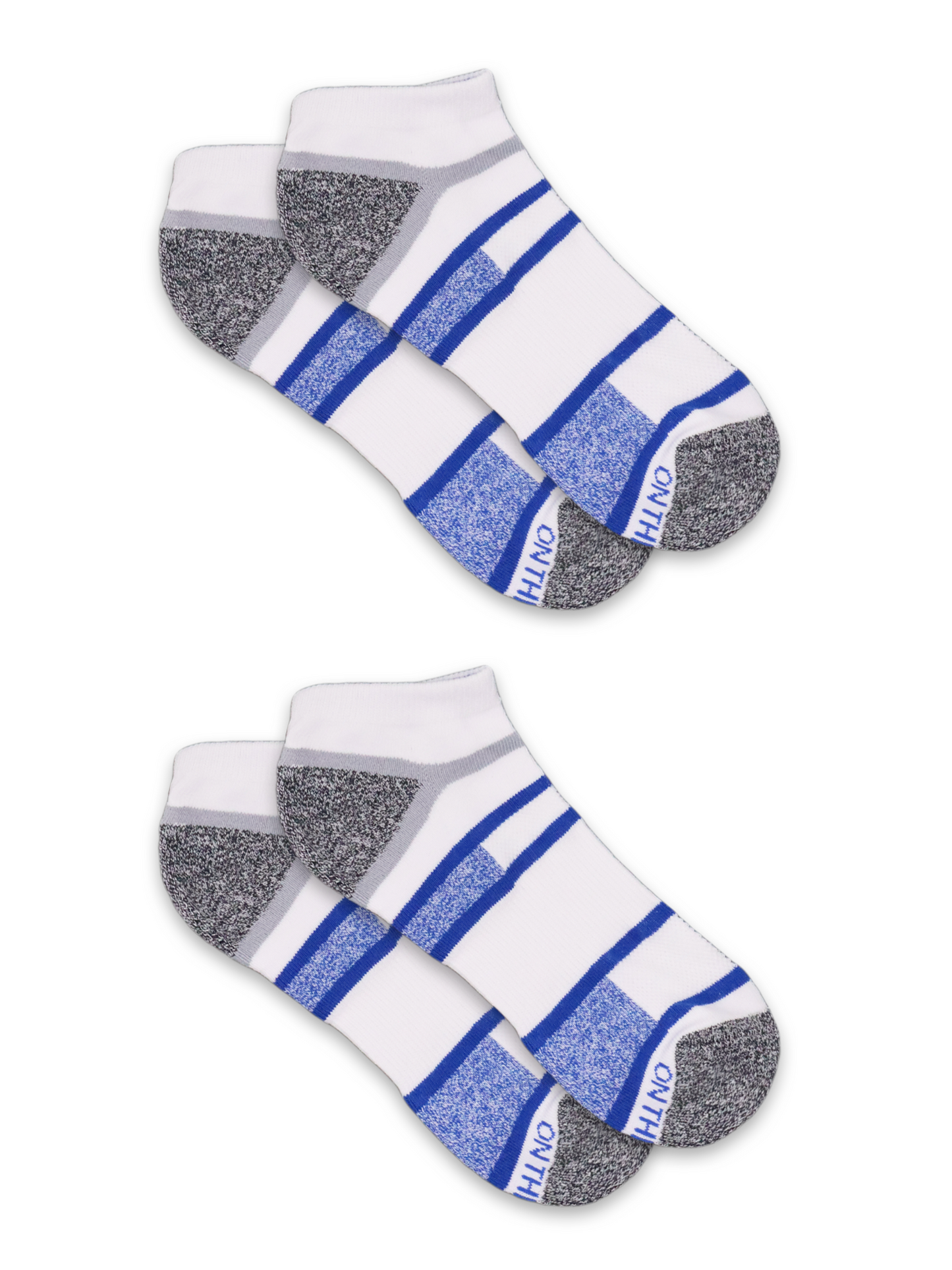 Two pairs of men's low-cut athletic socks in white with grey heels and toes, accented by blue and grey horizontal stripes and 'ON THE GO!' branding near the toe area.