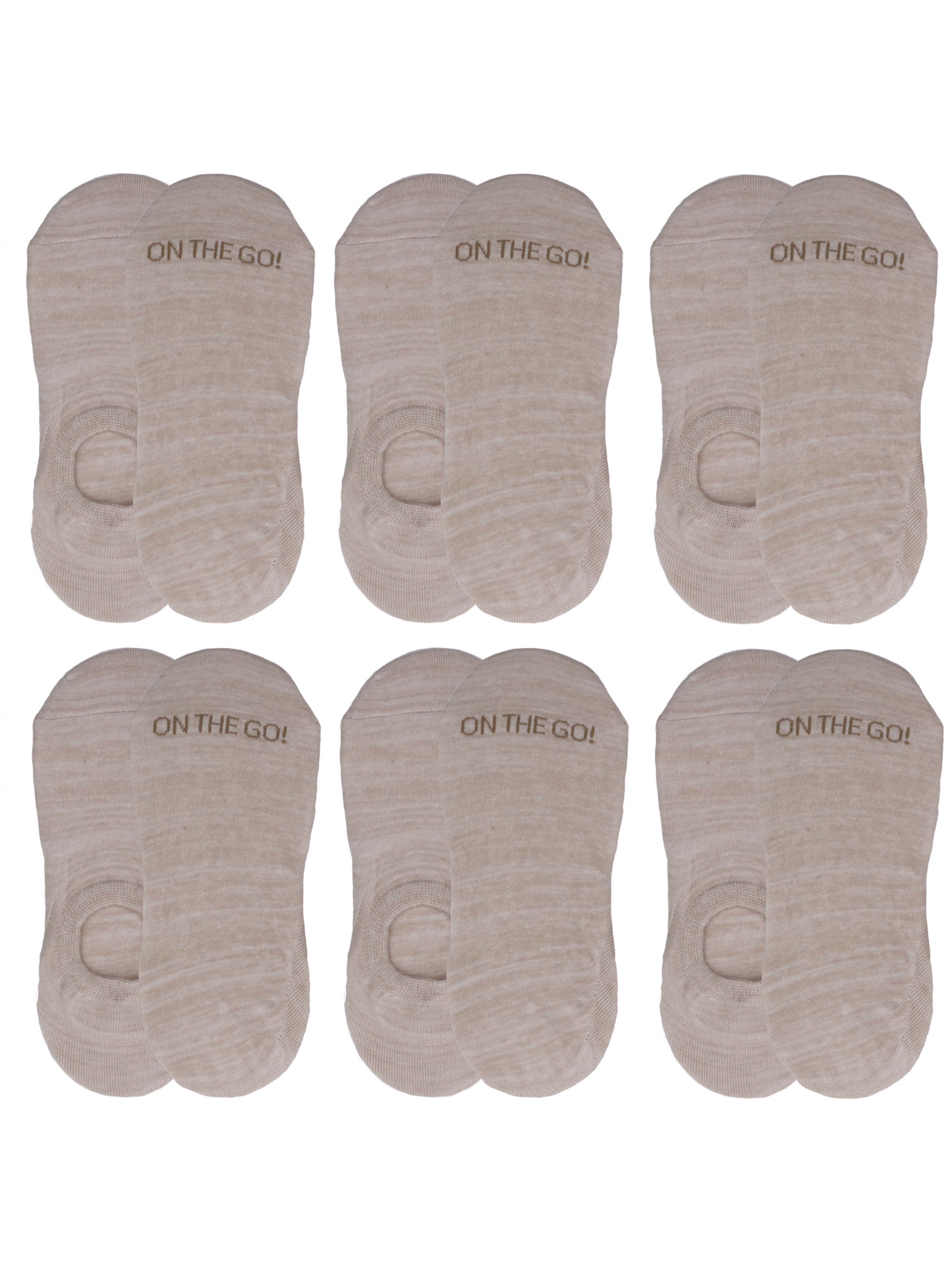 Women's beige no-show liner socks 6-pack with 'ON THE GO!' branding — low-cut, invisible fit ideal for flats, sneakers, and loafers; breathable cotton-blend perfect for everyday comfort and discreet wear
