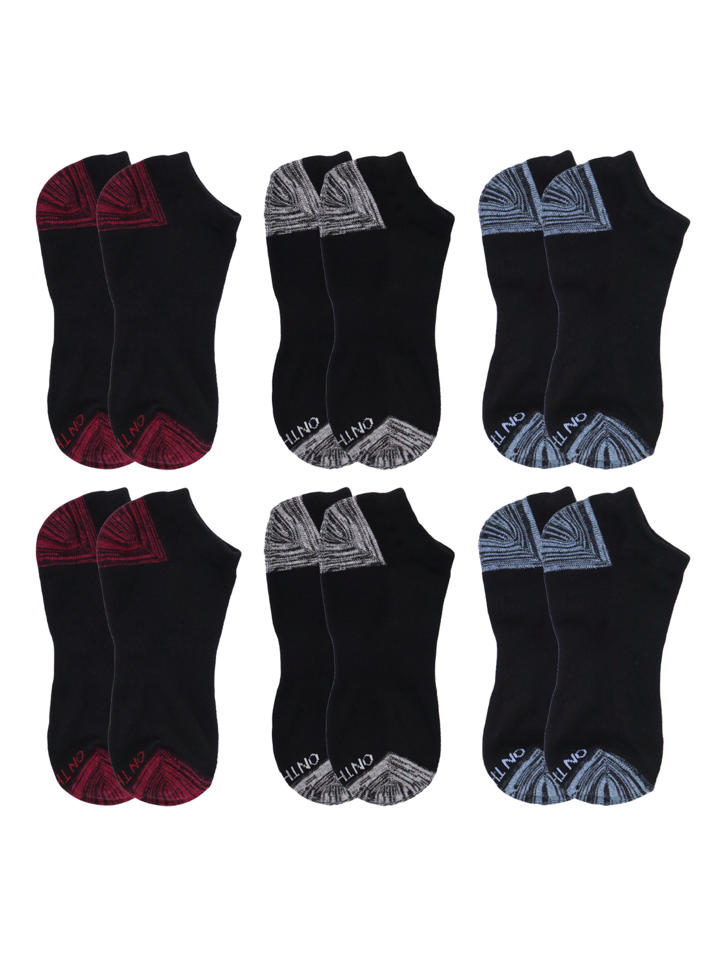 6-pack of women's and Men's black performance low-cut ankle socks featuring reinforced heel and toe in red, grey, and blue accents, crafted with moisture-wicking cotton blend for durability, comfort, and athletic support during training, running, or everyday wear