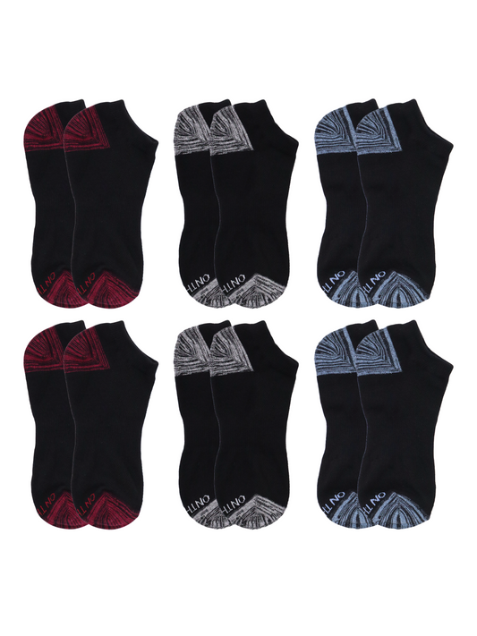 6-pack of women's and Men's black performance low-cut ankle socks featuring reinforced heel and toe in red, grey, and blue accents, crafted with moisture-wicking cotton blend for durability, comfort, and athletic support during training, running, or everyday wear