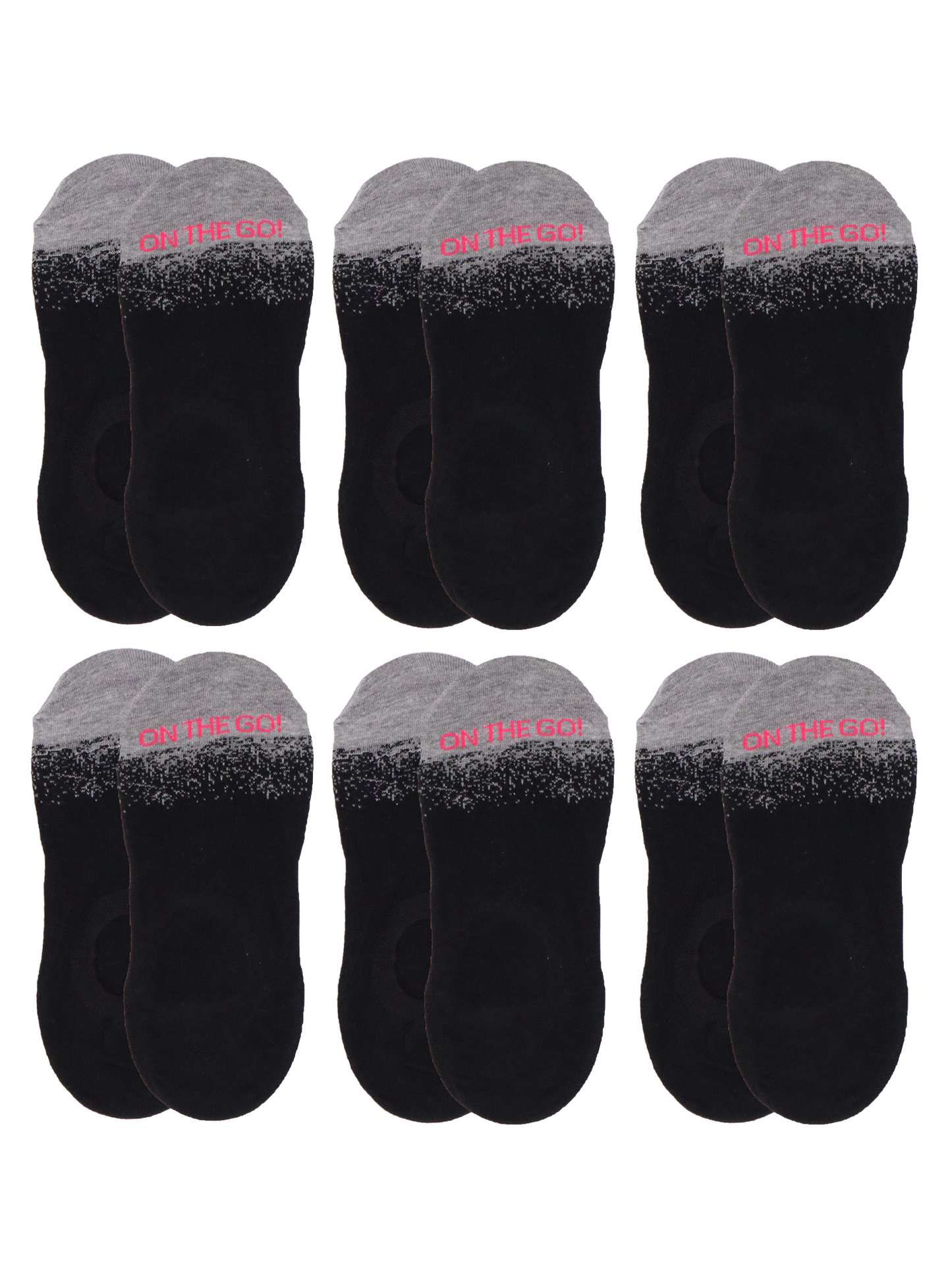 Pack of 6 pairs of women’s black no-show liner socks with grey speckled tops and bold 'ON THE GO!' text in pink — invisible low-cut cotton blend socks designed for athletic shoes, flats, or casual sneakers; features a secure non-slip heel and breathable comfort for all-day wear