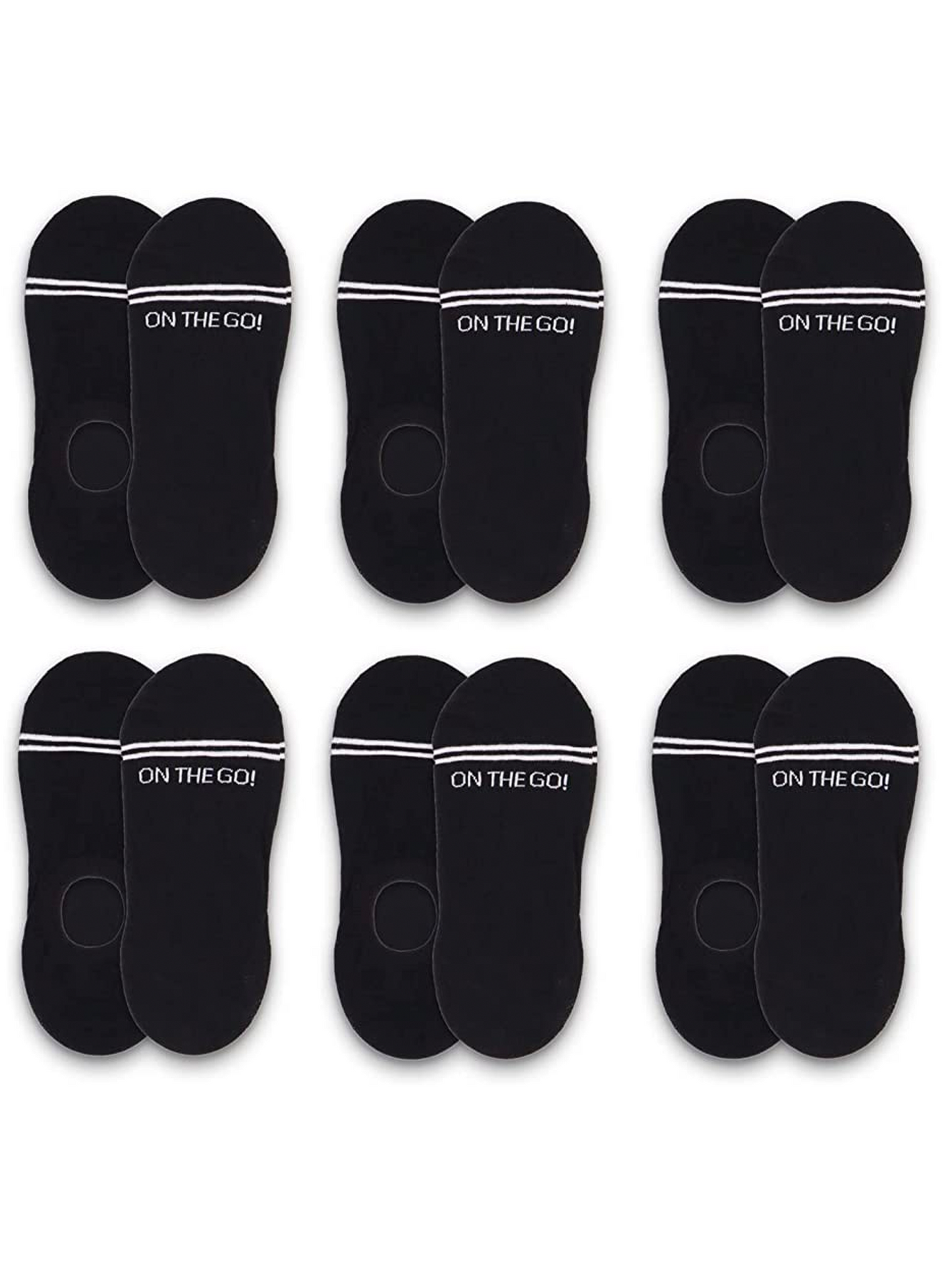 Pack of 6 pairs of black no-show liner socks with white athletic stripes and 'ON THE GO!' logo — breathable, cotton-blend, low-cut socks designed for women, ideal for sneakers and casual shoes, with non-slip heel grip for secure, invisible wear.