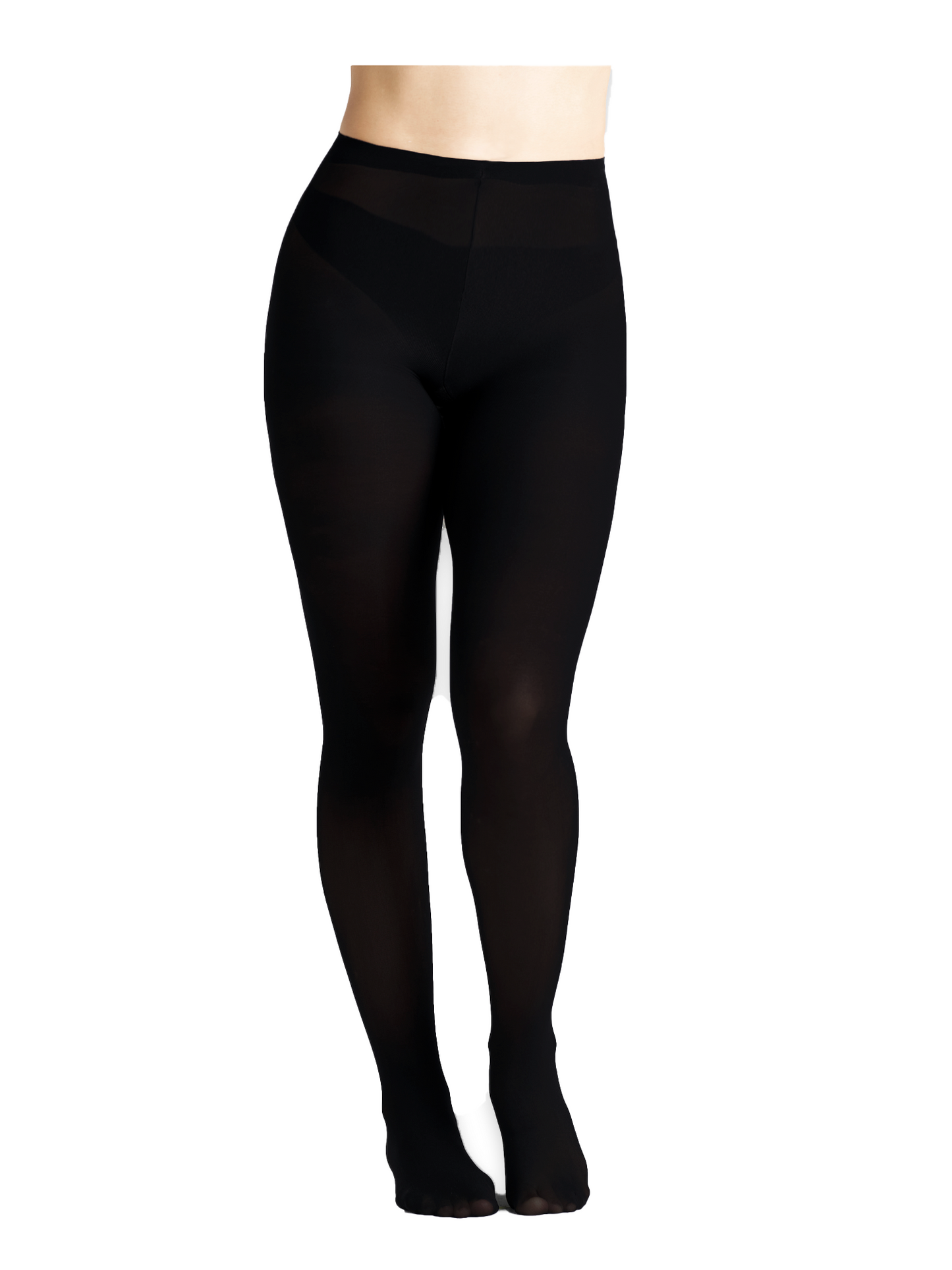 Woman wearing high-waisted black control top tights in a side pose, highlighting the smooth compression fit around the waist, hips, and legs. The seamless, opaque finish offers full coverage—ideal for shaping, layering under dresses or skirts, and everyday wear during cooler seasons.
