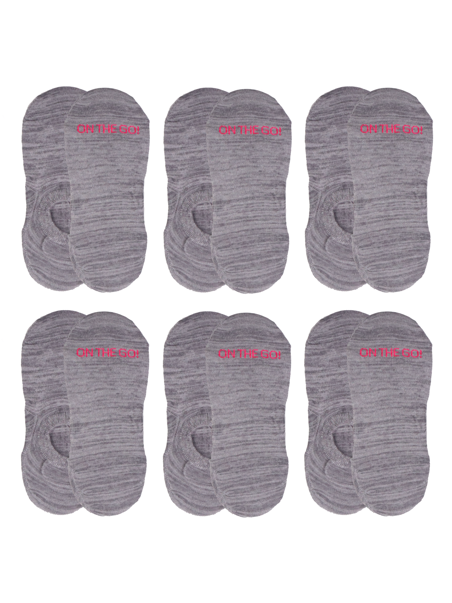 Women's grey no-show liner socks in a 6-pack, featuring 'ON THE GO!' text in pink — low-cut invisible socks made from soft cotton-blend fabric, ideal for athletic shoes, flats, or sneakers; designed for all-day comfort and a no-slip fit.