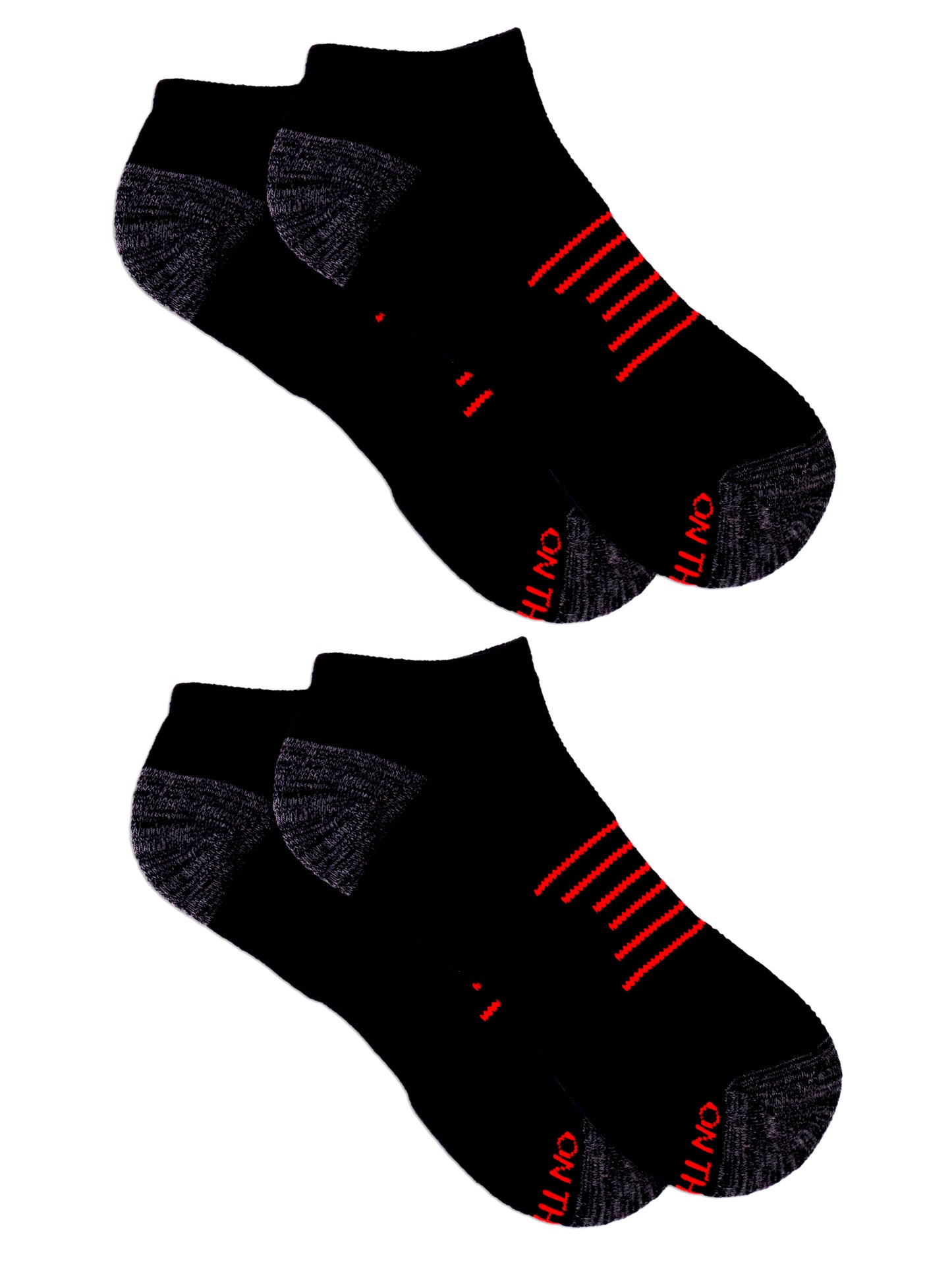 Two pairs of men's black low-cut athletic socks with dark gray toes and heels, featuring red stripe detailing across the top and 'ON THE GO!' text in red on the toe.