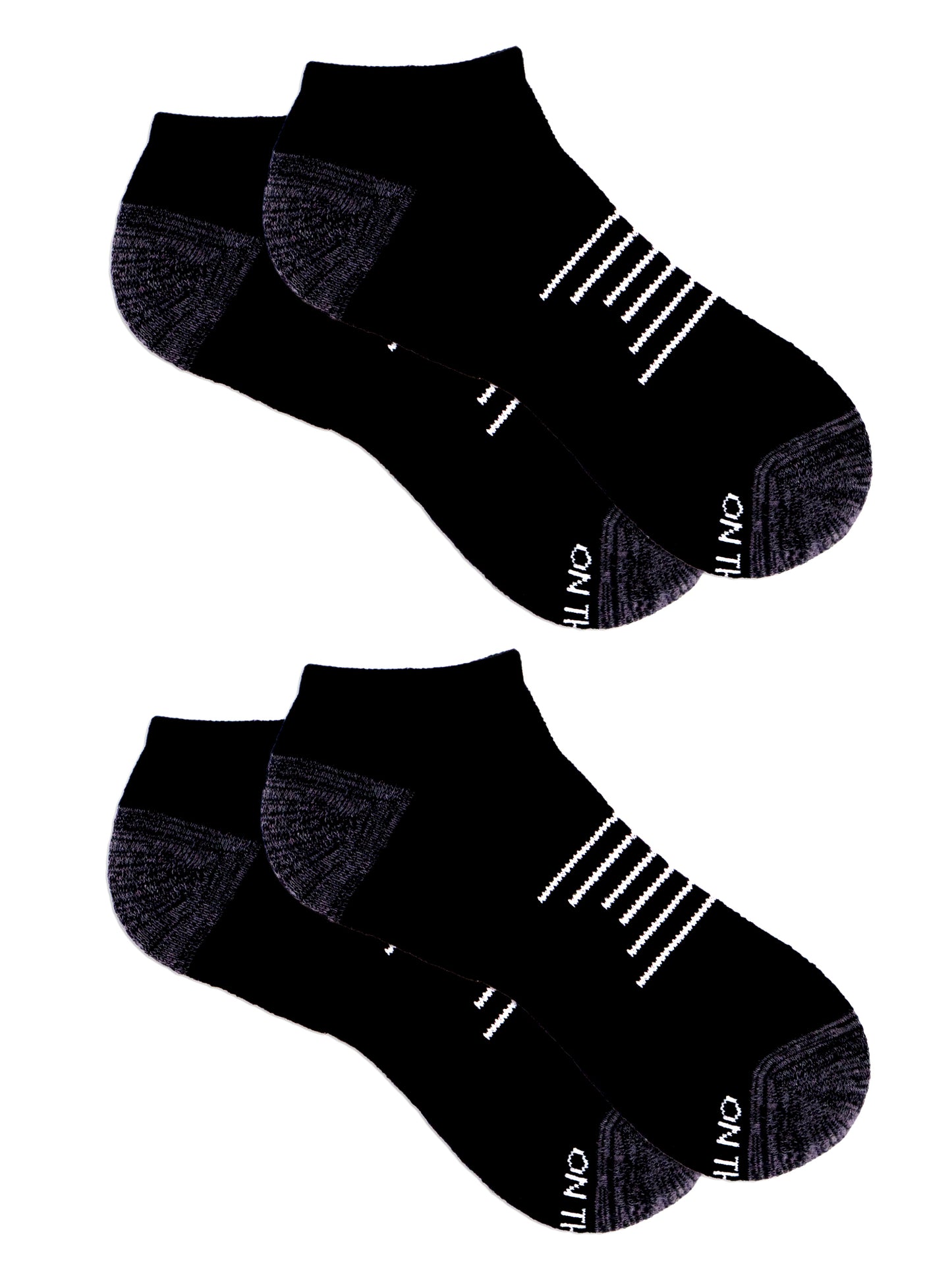 Two pairs of men's black low-cut athletic socks with dark gray toes and heels, featuring white stripe detailing across the top and 'ON THE GO!' text on the toe.