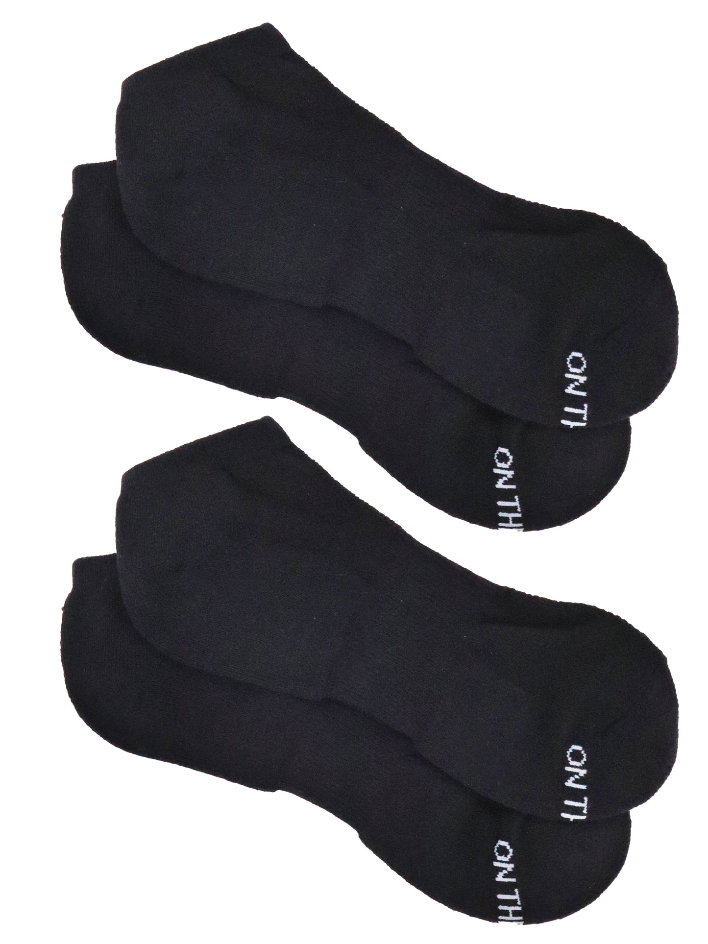 Two pairs of men's black low-cut socks with 'ON THE GO!' text in white stitched on the toe area, shown laid flat.