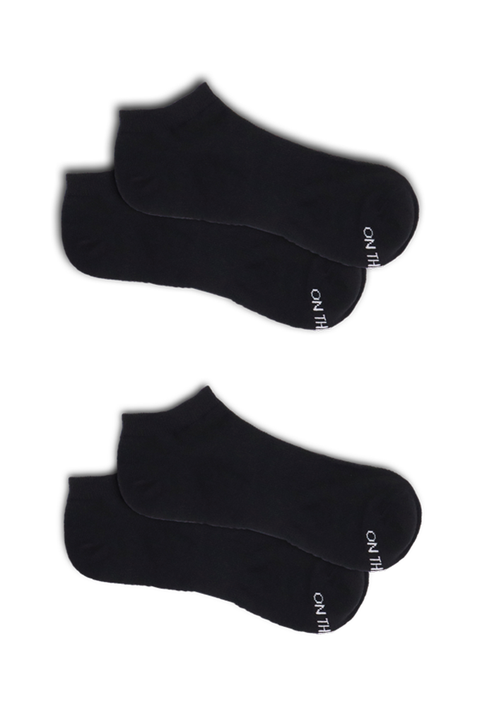 "Two pairs of men's black performance socks with 'ON THE GO!' text in white stitched on the toe area, shown laid flat."