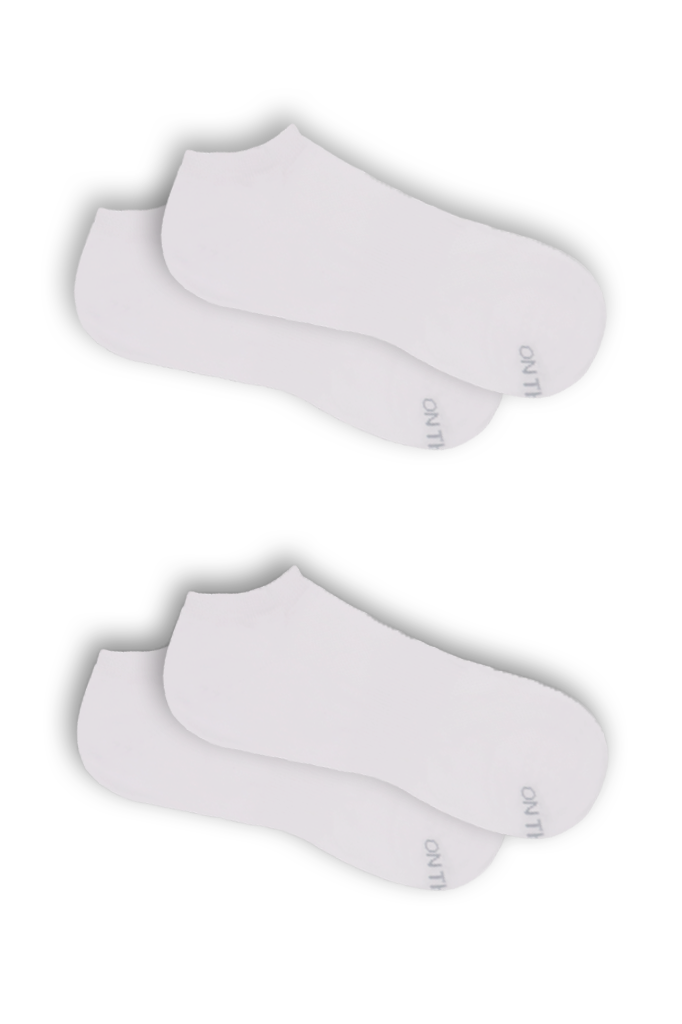 Two pairs of men's white low-cut socks with 'ON THE GO!' text in black stitched on the toe area, shown laid flat