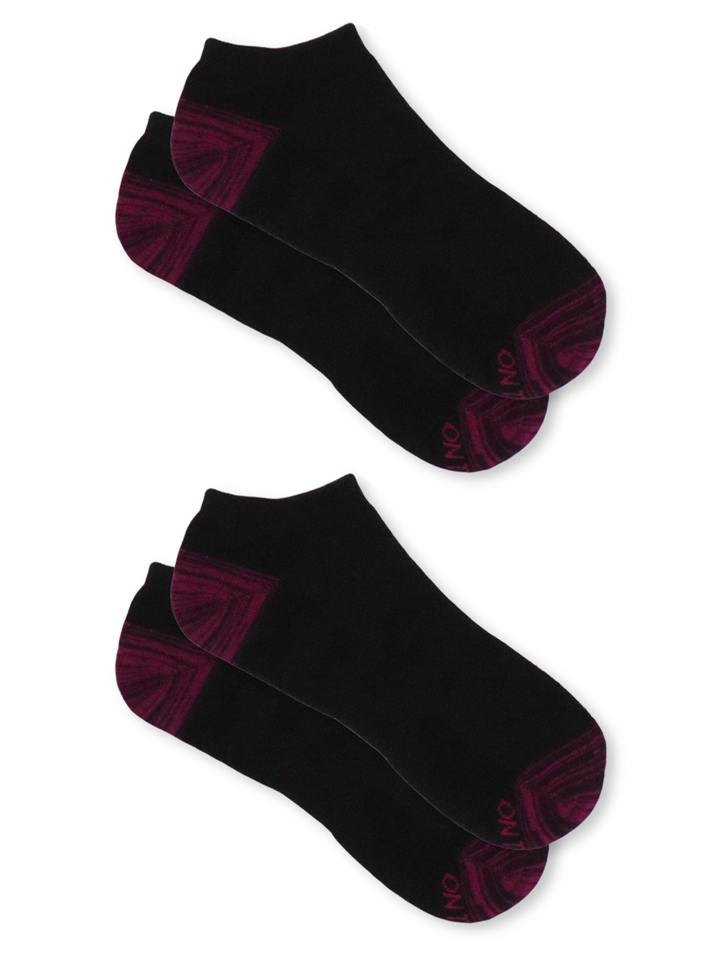 Women's low-cut athletic socks in black with vibrant red cushioned heels and toes, featuring 'On The Go!' branding—designed for running, walking, and active daily wear, made from a breathable cotton blend for comfort and performance.