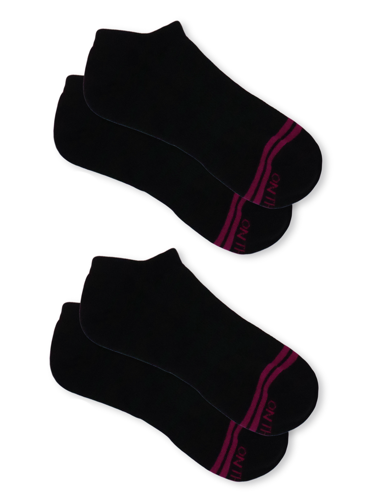 Women's black low-cut performance socks with maroon double stripe accents and 'On The Go!' branding on the toe—ideal for athletic wear, gym sessions, or casual daily comfort, made with a breathable cotton blend and designed for arch support and non-slip fit.