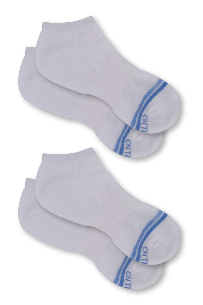 Women’s low-cut athletic socks 2-pair pack in white with blue stripes near toe, cushioned cotton blend design ideal for running, walking, gym workouts, or everyday wear