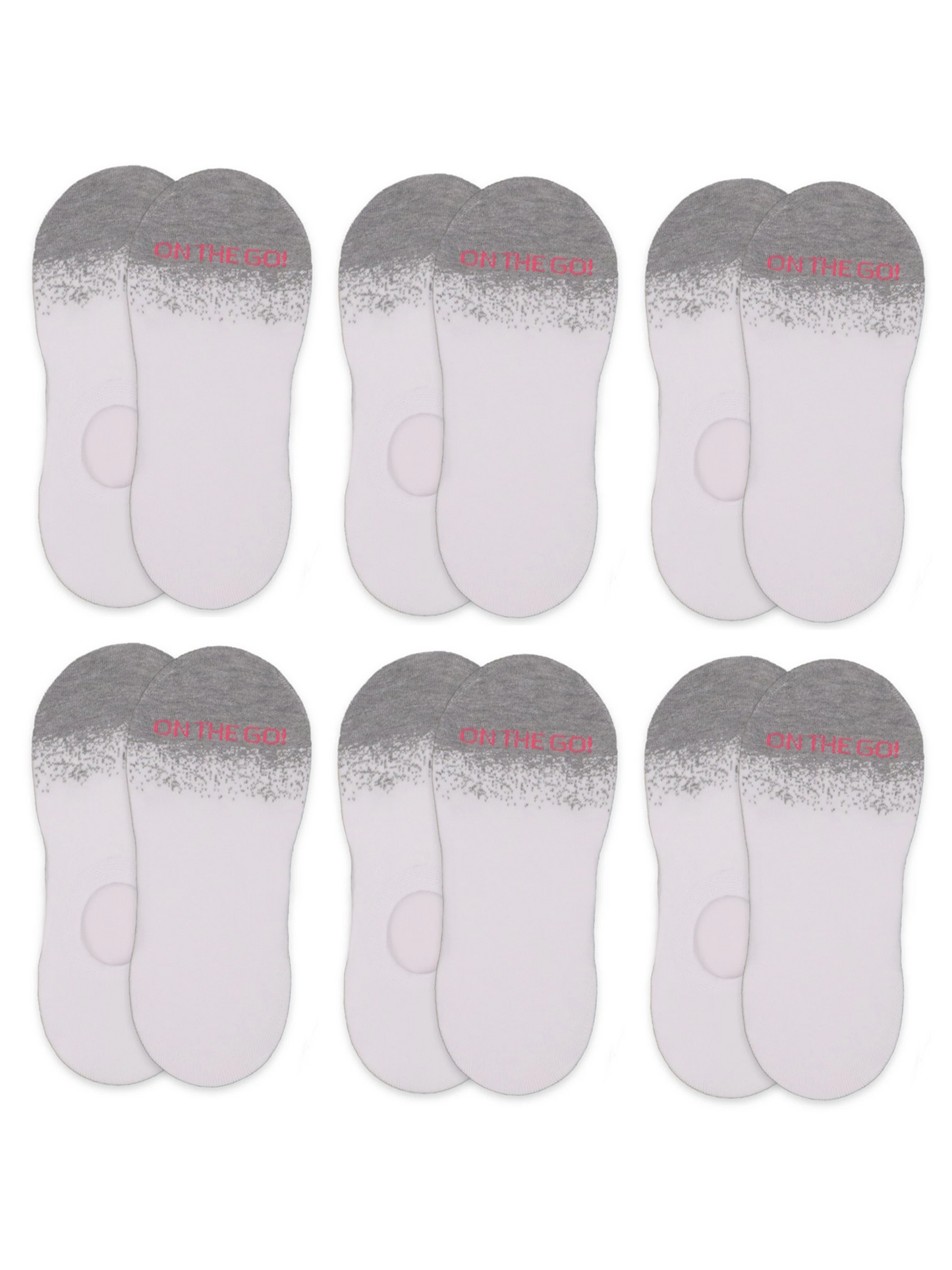 Pack of 6 pairs of women’s white no-show liner socks with grey speckled tops and bold 'ON THE GO!' text in pink — invisible low-cut cotton blend socks designed for athletic shoes, flats, or casual sneakers; features a secure non-slip heel and breathable comfort for all-day wear.
