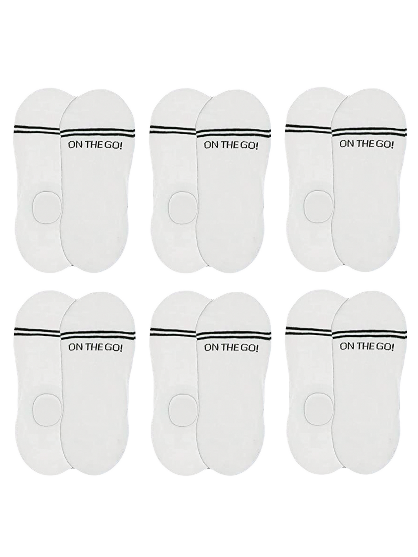 Pack of 6 pairs of white no-show liner socks with black athletic stripes and 'ON THE GO!' logo — breathable, cotton-blend, low-cut socks designed for women, ideal for sneakers and casual shoes, with non-slip heel grip for secure, invisible wear.