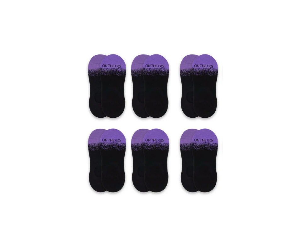 Set of six black and purple gradient socks with 'On the Go' text on a white background