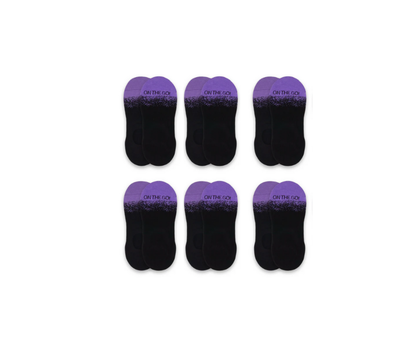 Set of six black and purple gradient socks with 'On the Go' text on a white background