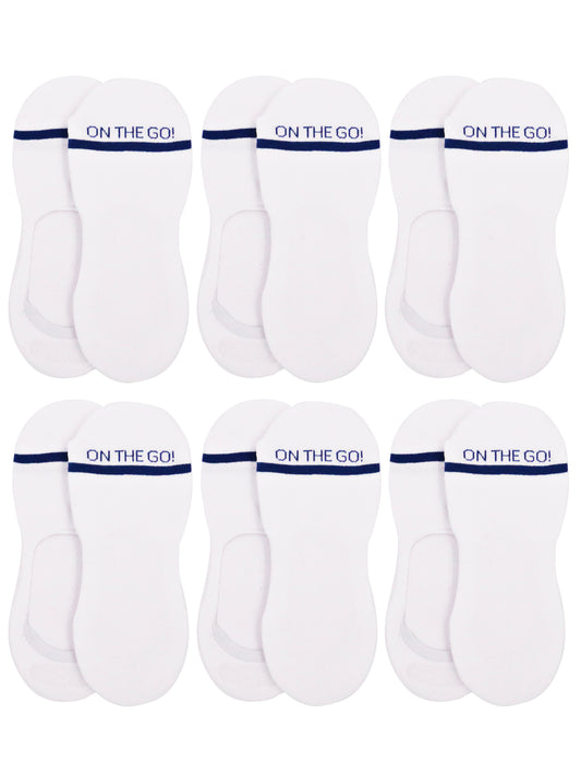 Women's white invisible liner socks with navy blue stripe and 'ON THE GO!' logo — 6-pair pack of low-cut no-show socks designed for sneakers and athletic shoes, featuring a non-slip heel grip and breathable cotton blend for all-day comfort and performance.